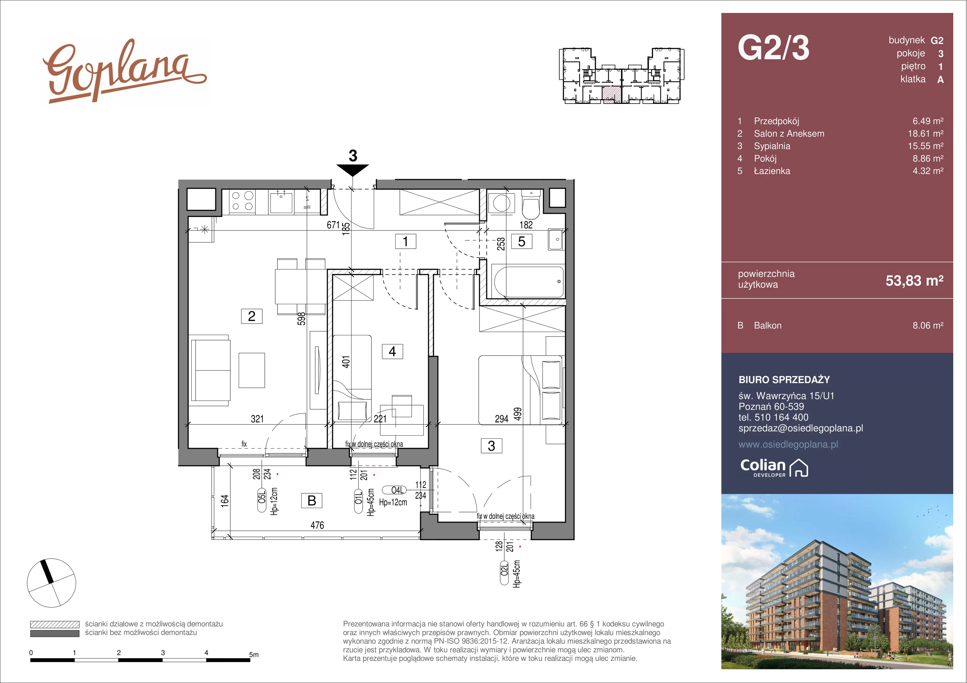 3 pokoje, mieszkanie 53,83 m², piętro 1, oferta nr G2/3, Goplana Budynek G, Poznań, Jeżyce, ul. św. Wawrzyńca