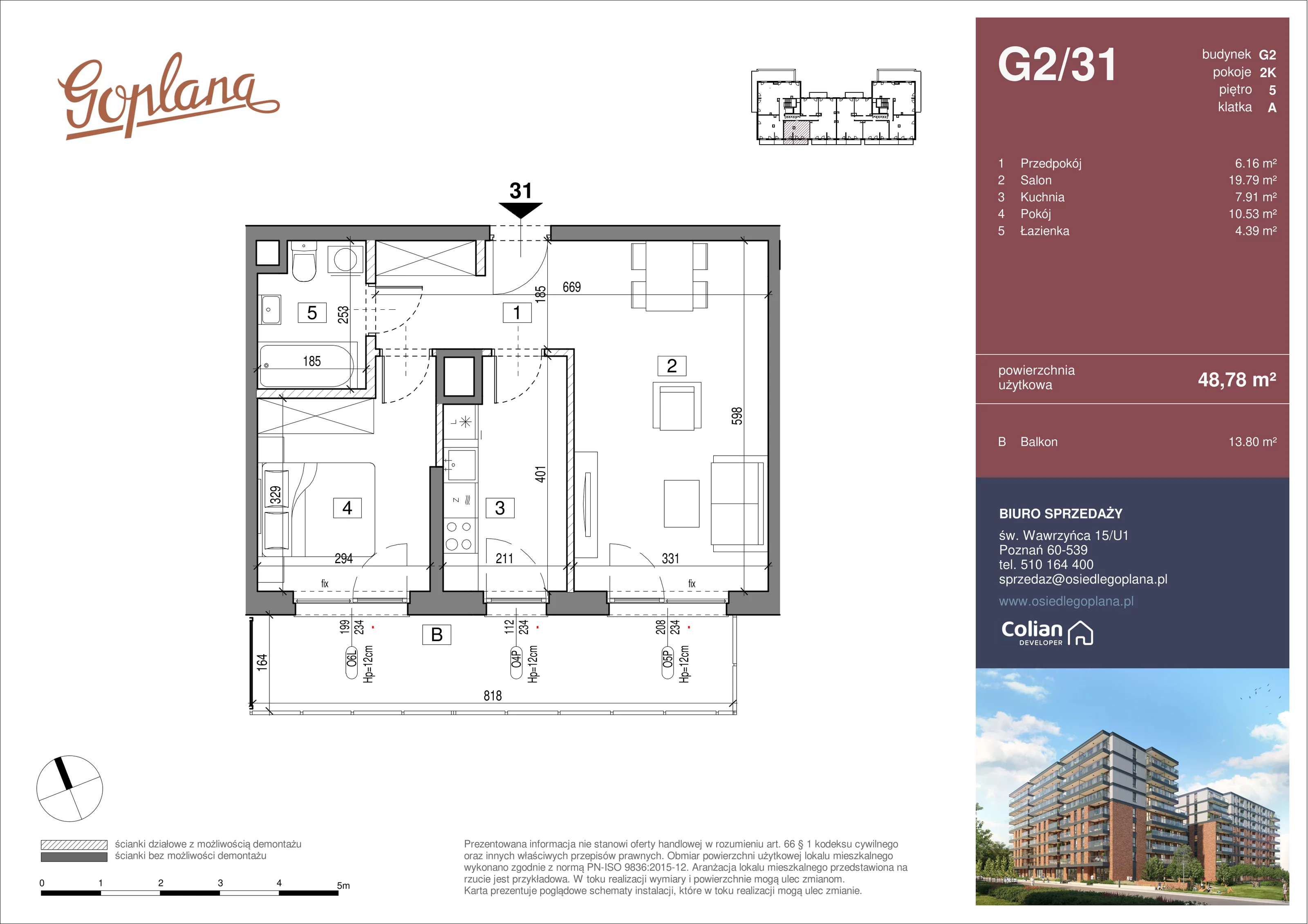 2 pokoje, mieszkanie 48,78 m², piętro 5, oferta nr G2/31, Goplana Budynek G, Poznań, Jeżyce, ul. św. Wawrzyńca