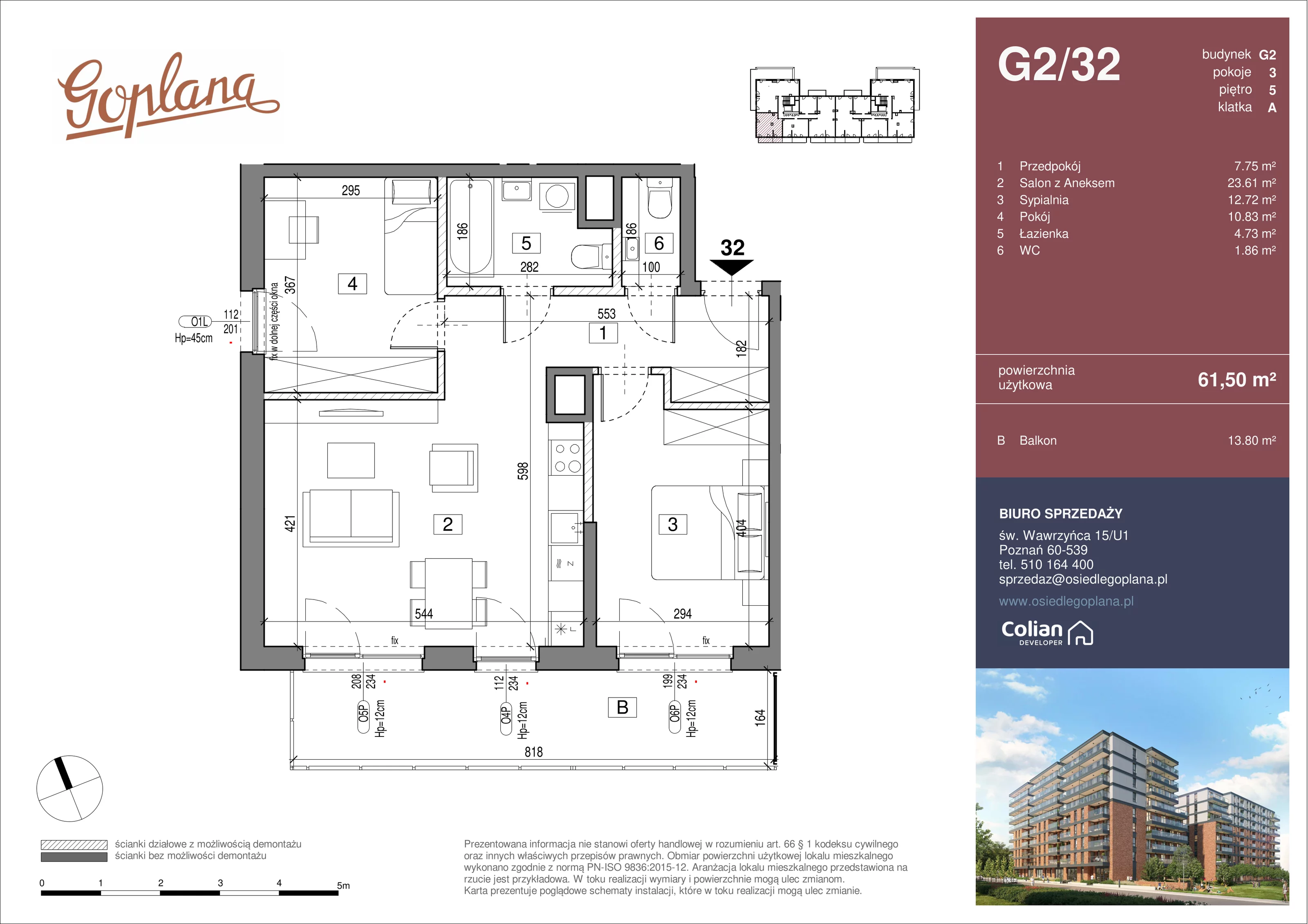 3 pokoje, mieszkanie 61,50 m², piętro 5, oferta nr G2/32, Goplana Budynek G, Poznań, Jeżyce, ul. św. Wawrzyńca