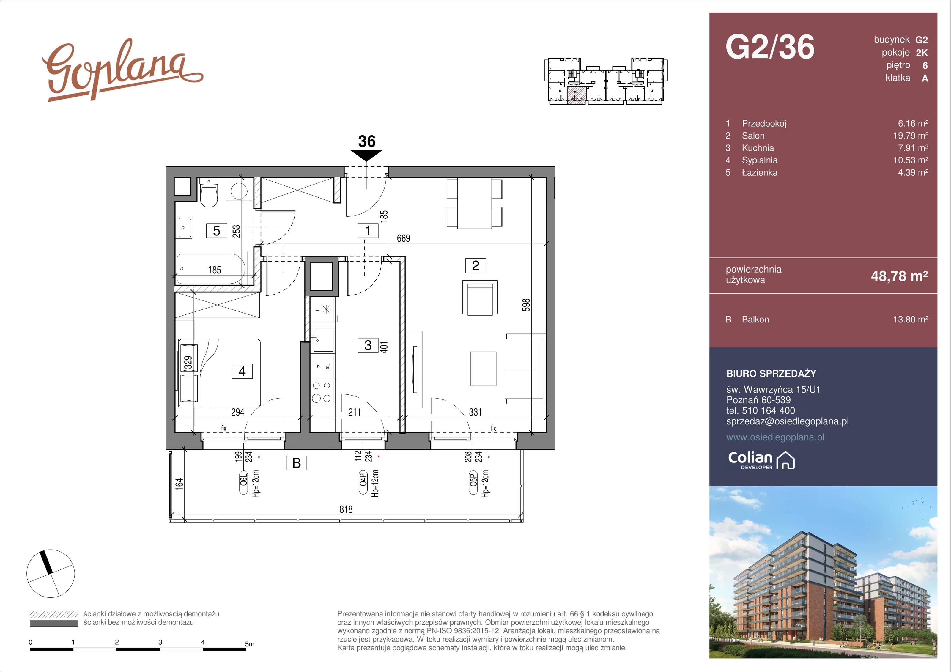 2 pokoje, mieszkanie 48,78 m², piętro 6, oferta nr G2/36, Goplana Budynek G, Poznań, Jeżyce, ul. św. Wawrzyńca