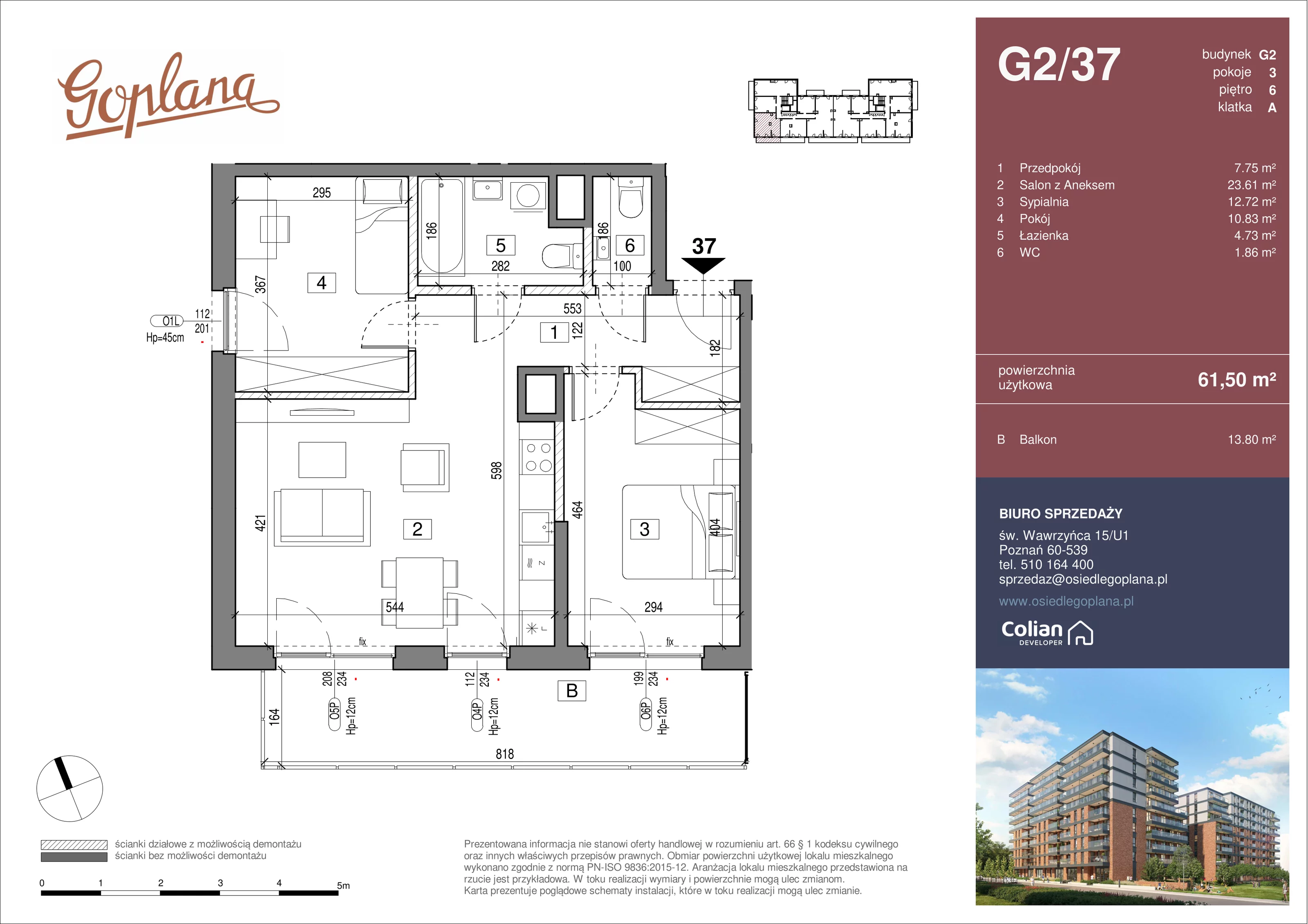 3 pokoje, mieszkanie 61,50 m², piętro 6, oferta nr G2/37, Goplana Budynek G, Poznań, Jeżyce, ul. św. Wawrzyńca