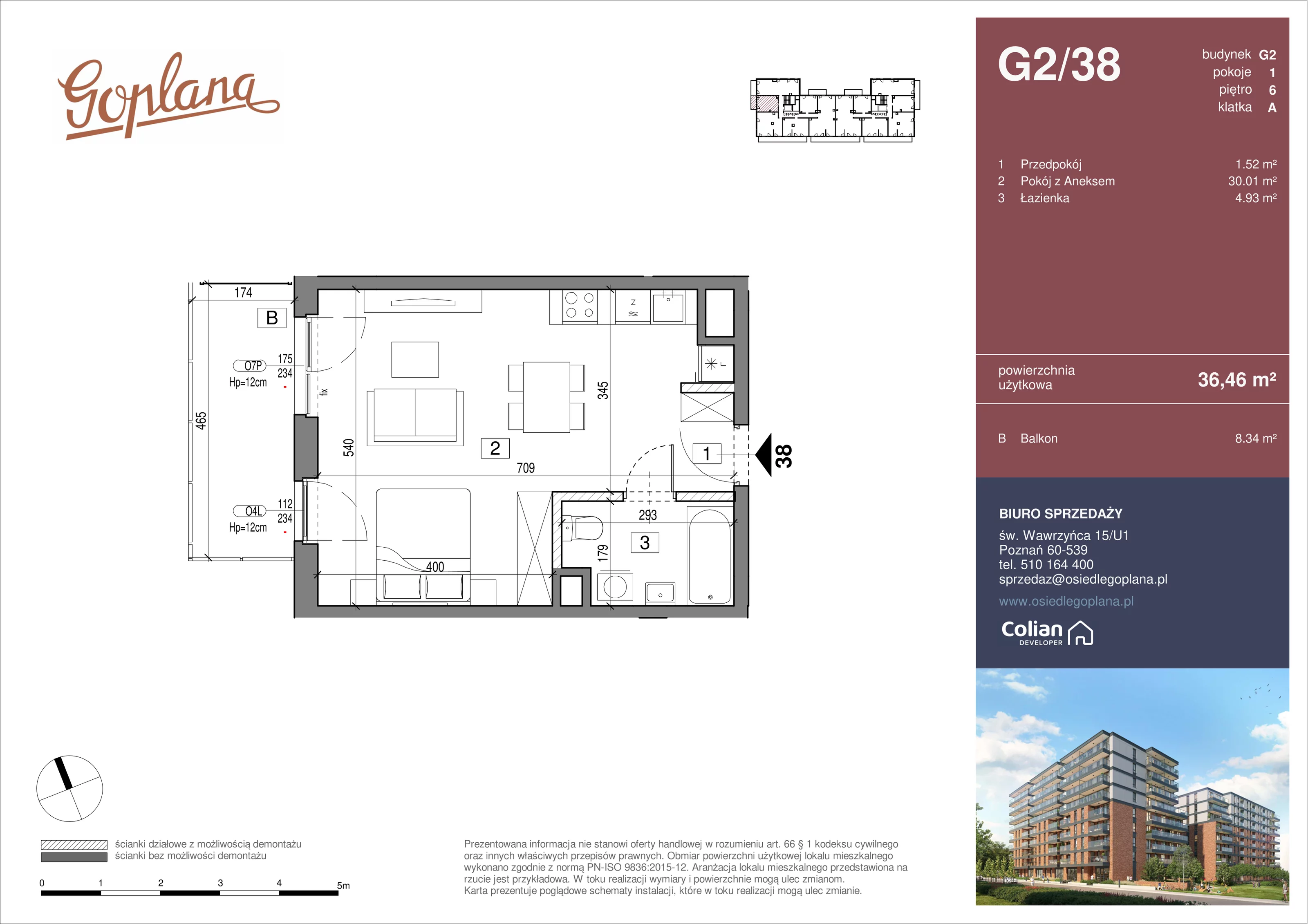 1 pokój, mieszkanie 36,46 m², piętro 6, oferta nr G2/38, Goplana Budynek G, Poznań, Jeżyce, ul. św. Wawrzyńca