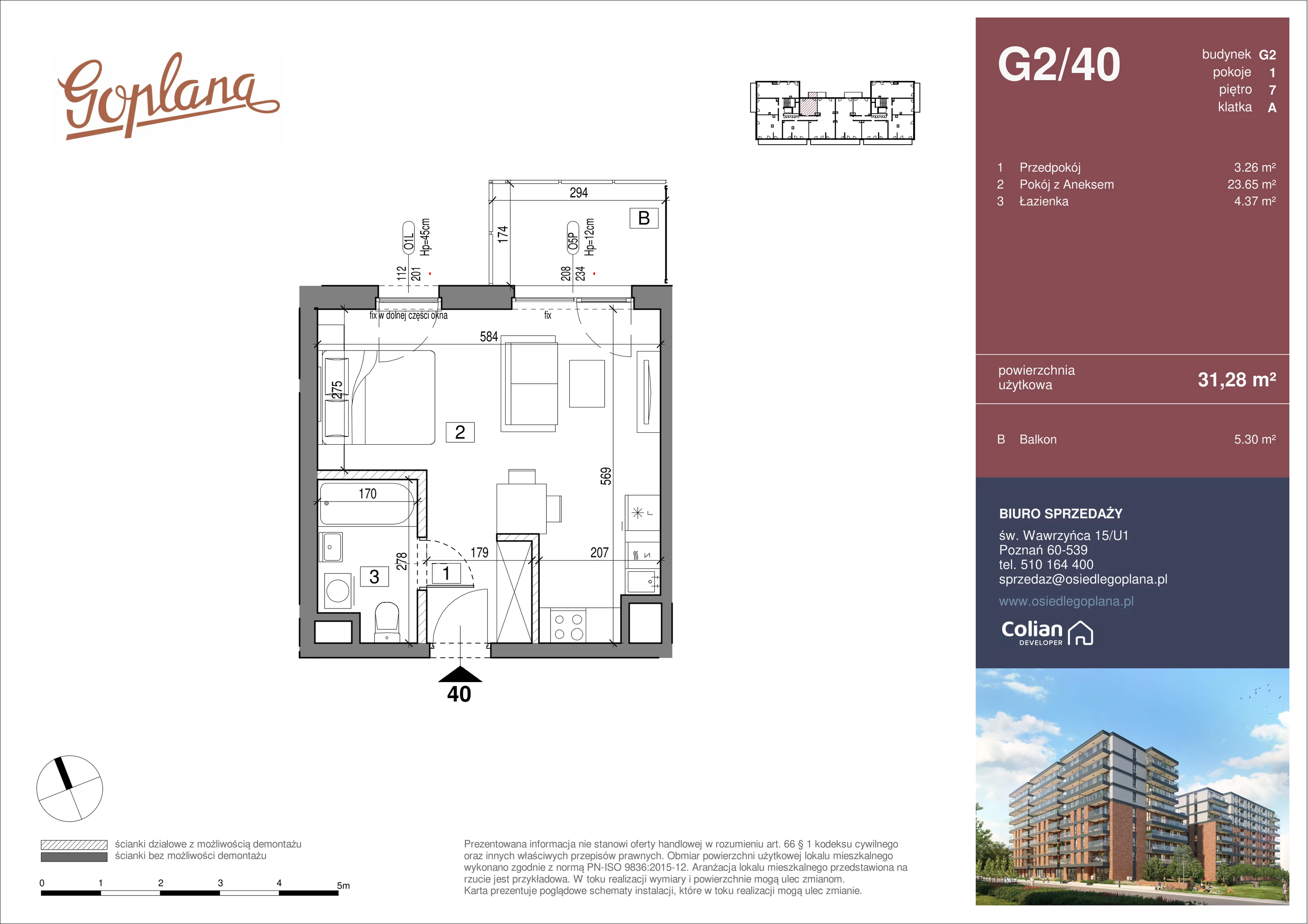 1 pokój, mieszkanie 31,28 m², piętro 7, oferta nr G2/40, Goplana Budynek G, Poznań, Jeżyce, ul. św. Wawrzyńca