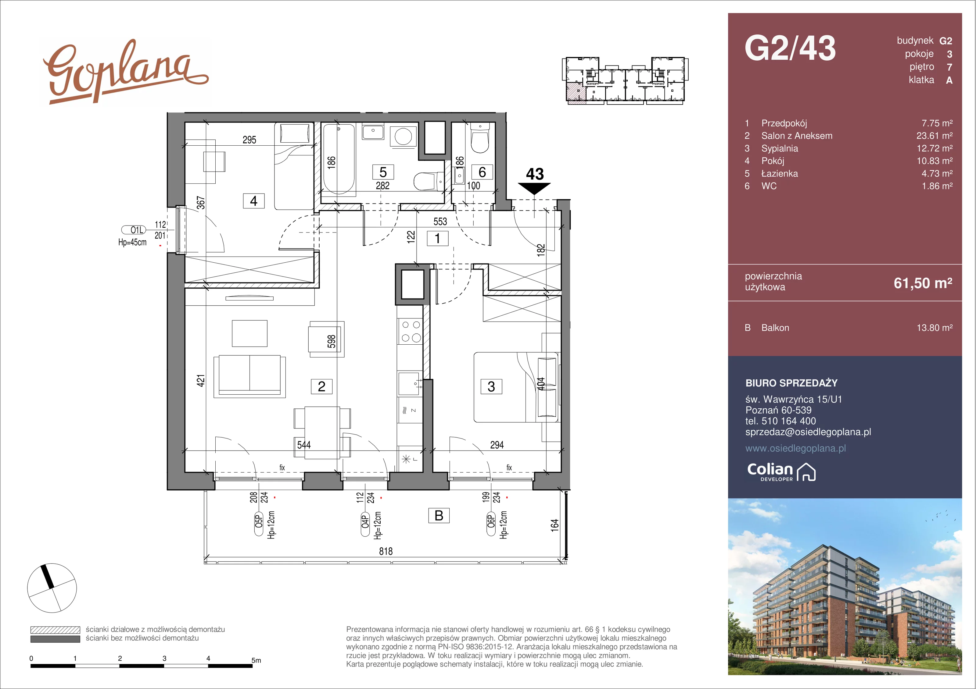 3 pokoje, mieszkanie 61,50 m², piętro 7, oferta nr G2/43, Goplana Budynek G, Poznań, Jeżyce, ul. św. Wawrzyńca