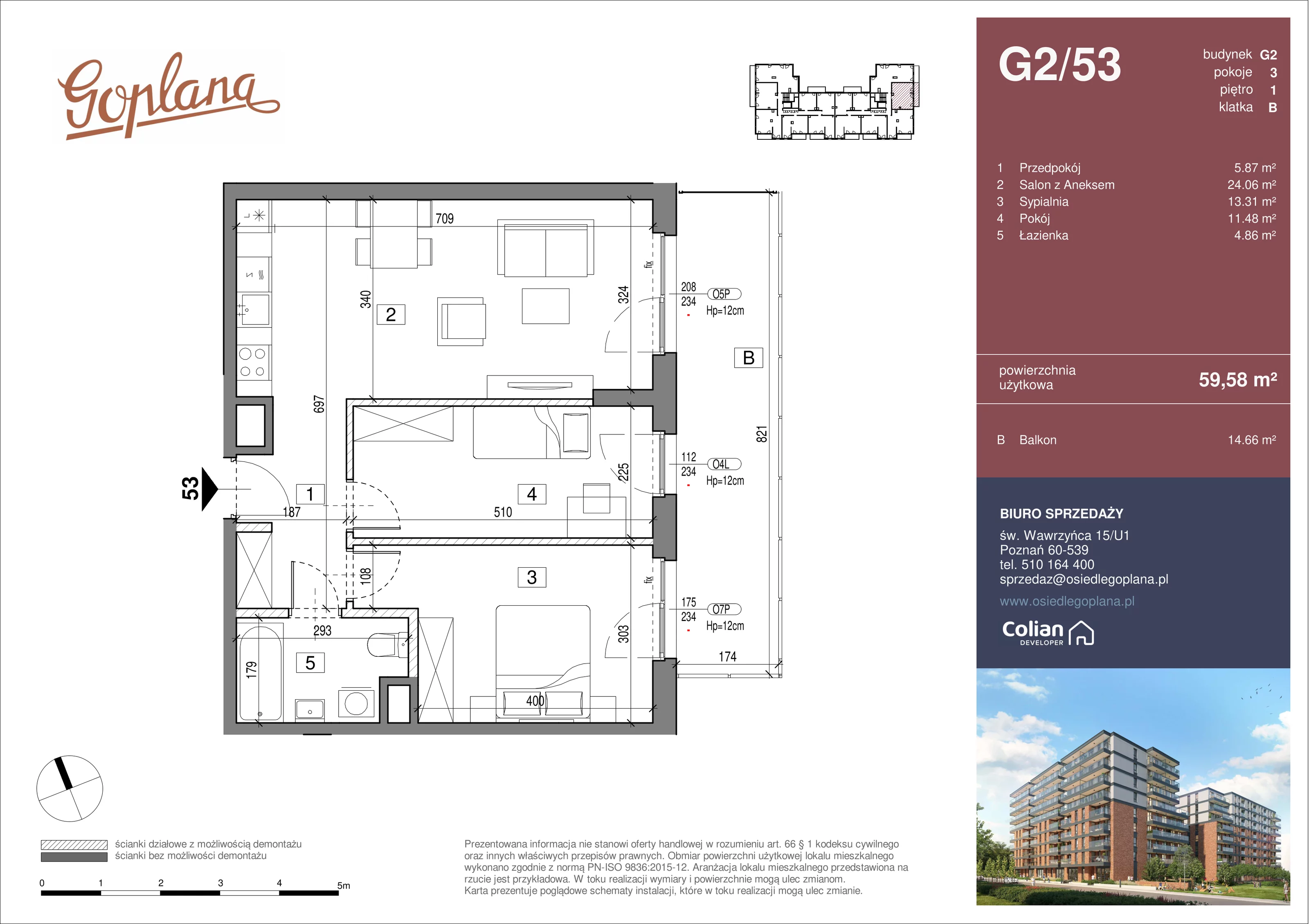 3 pokoje, mieszkanie 59,58 m², piętro 1, oferta nr G2/53, Goplana Budynek G, Poznań, Jeżyce, ul. św. Wawrzyńca