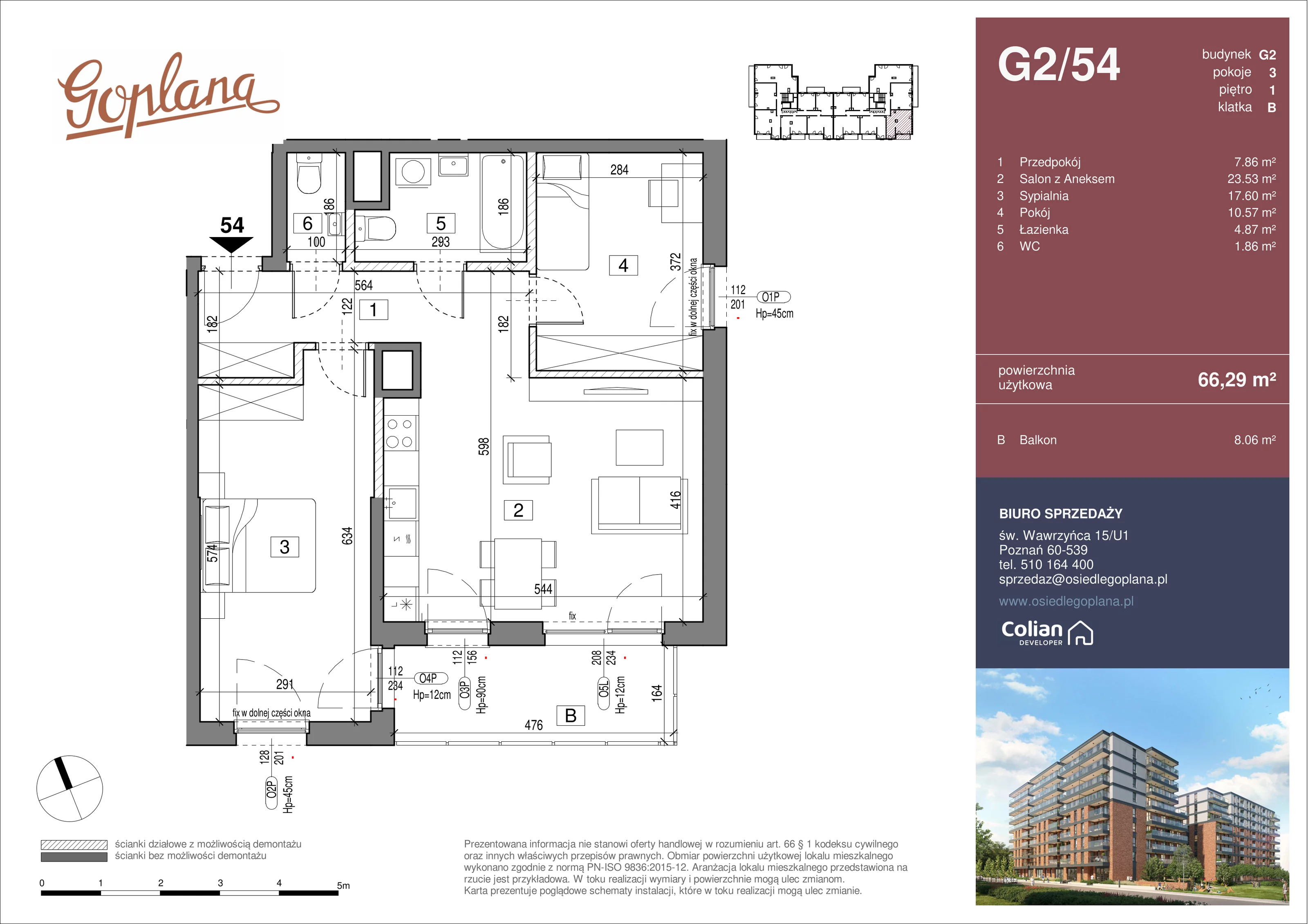 3 pokoje, mieszkanie 66,29 m², piętro 1, oferta nr G2/54, Goplana Budynek G, Poznań, Jeżyce, ul. św. Wawrzyńca