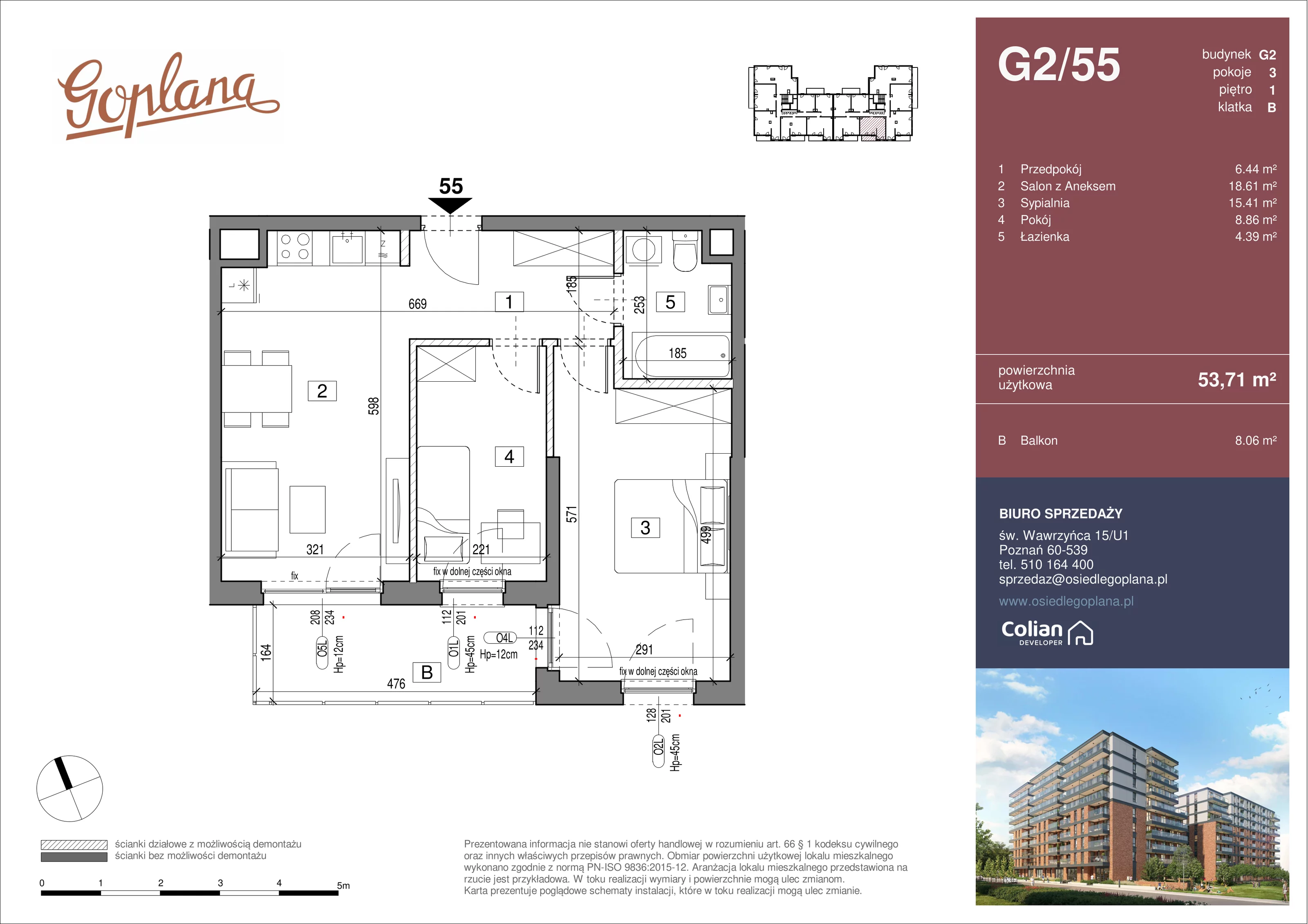 3 pokoje, mieszkanie 53,71 m², piętro 1, oferta nr G2/55, Goplana Budynek G, Poznań, Jeżyce, ul. św. Wawrzyńca