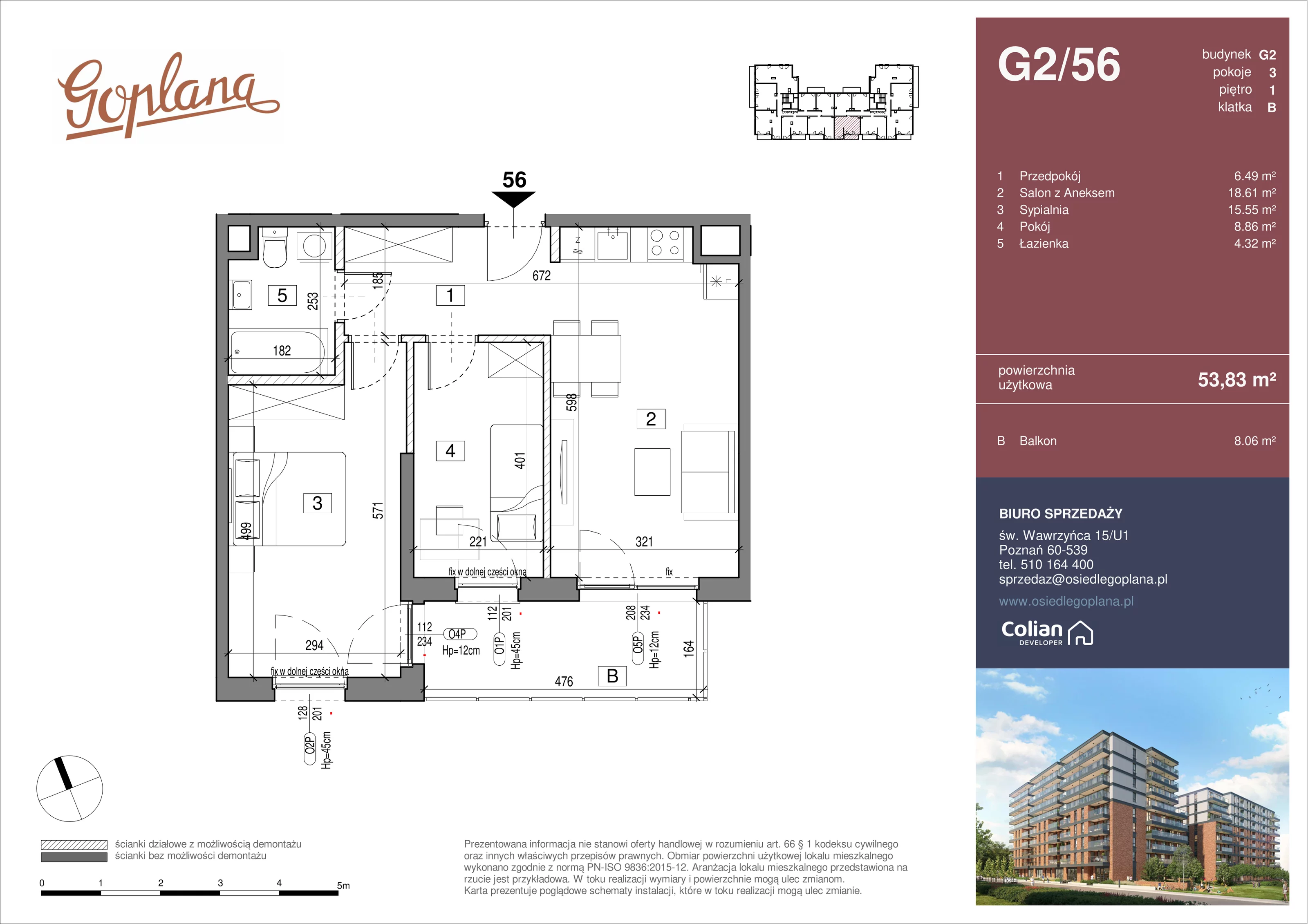 3 pokoje, mieszkanie 53,83 m², piętro 1, oferta nr G2/56, Goplana Budynek G, Poznań, Jeżyce, ul. św. Wawrzyńca