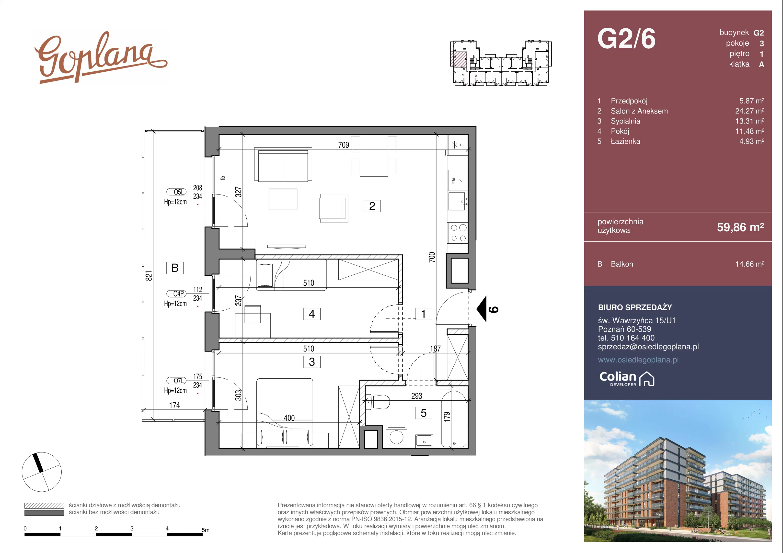 3 pokoje, mieszkanie 59,86 m², piętro 1, oferta nr G2/6, Goplana Budynek G, Poznań, Jeżyce, ul. św. Wawrzyńca