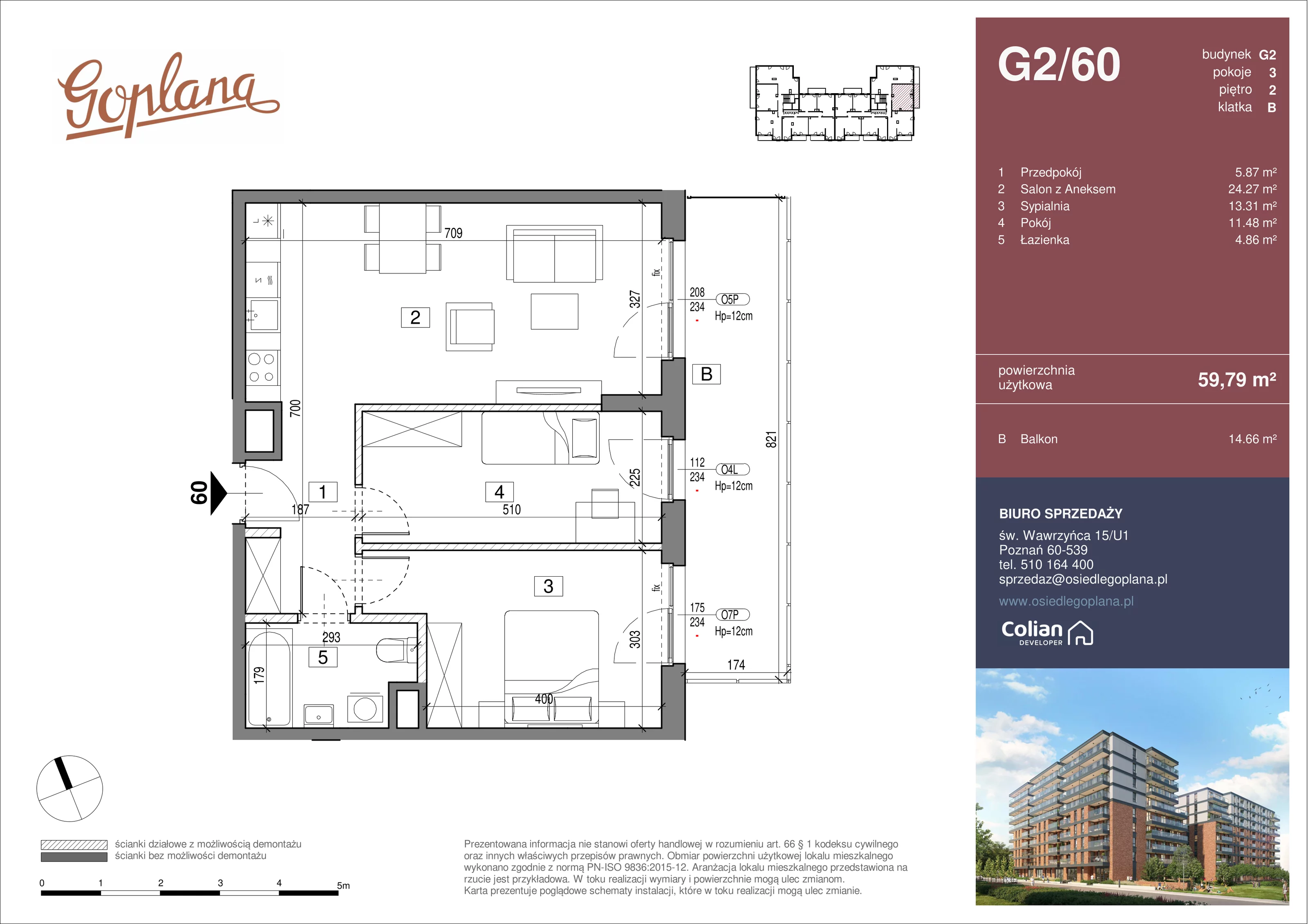 3 pokoje, mieszkanie 59,79 m², piętro 2, oferta nr G2/60, Goplana Budynek G, Poznań, Jeżyce, ul. św. Wawrzyńca