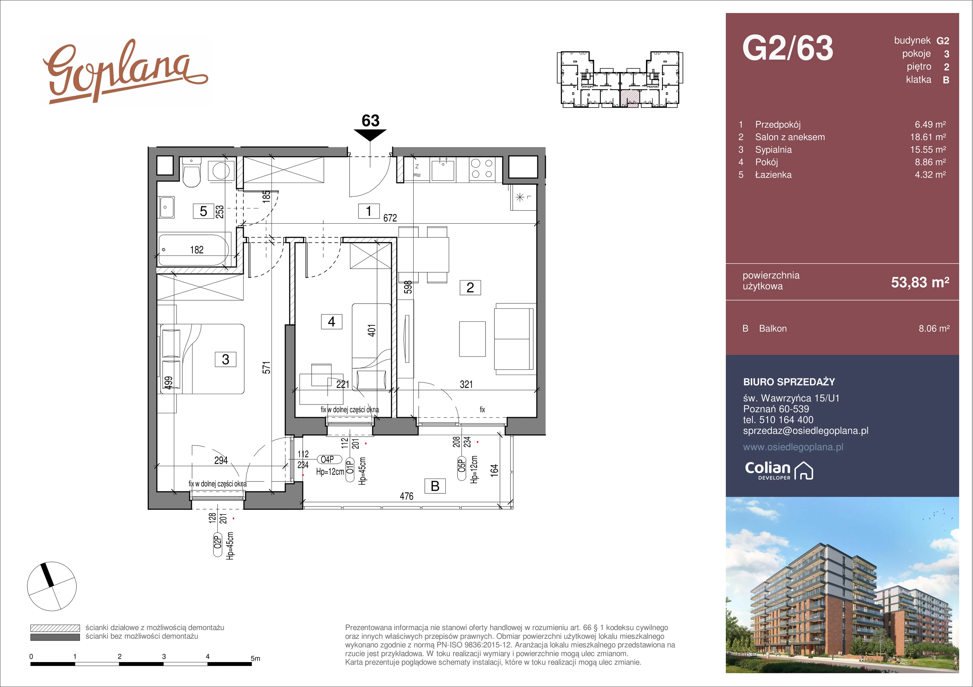 3 pokoje, mieszkanie 53,83 m², piętro 2, oferta nr G2/63, Goplana Budynek G, Poznań, Jeżyce, ul. św. Wawrzyńca