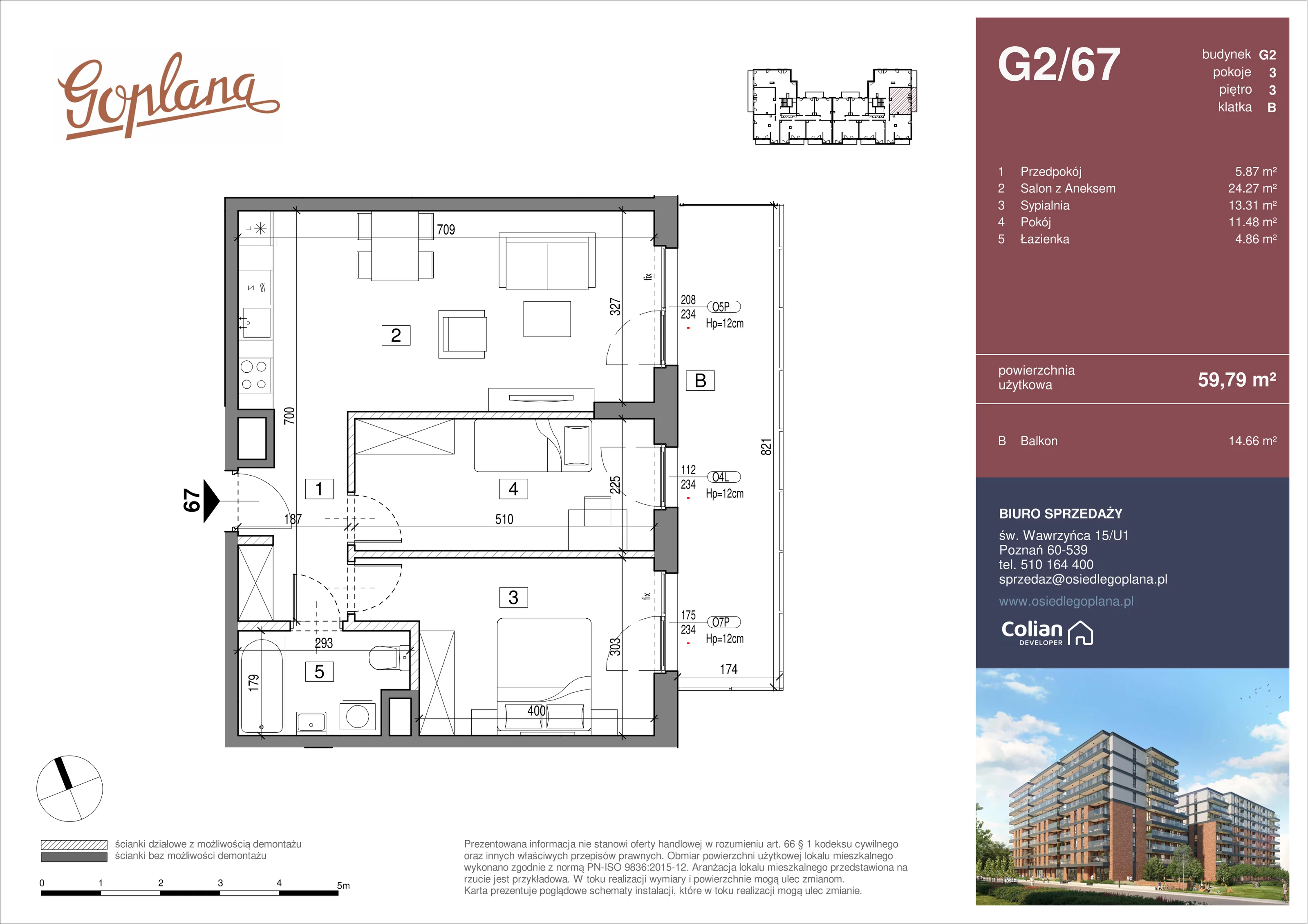 3 pokoje, mieszkanie 59,79 m², piętro 3, oferta nr G2/67, Goplana Budynek G, Poznań, Jeżyce, ul. św. Wawrzyńca