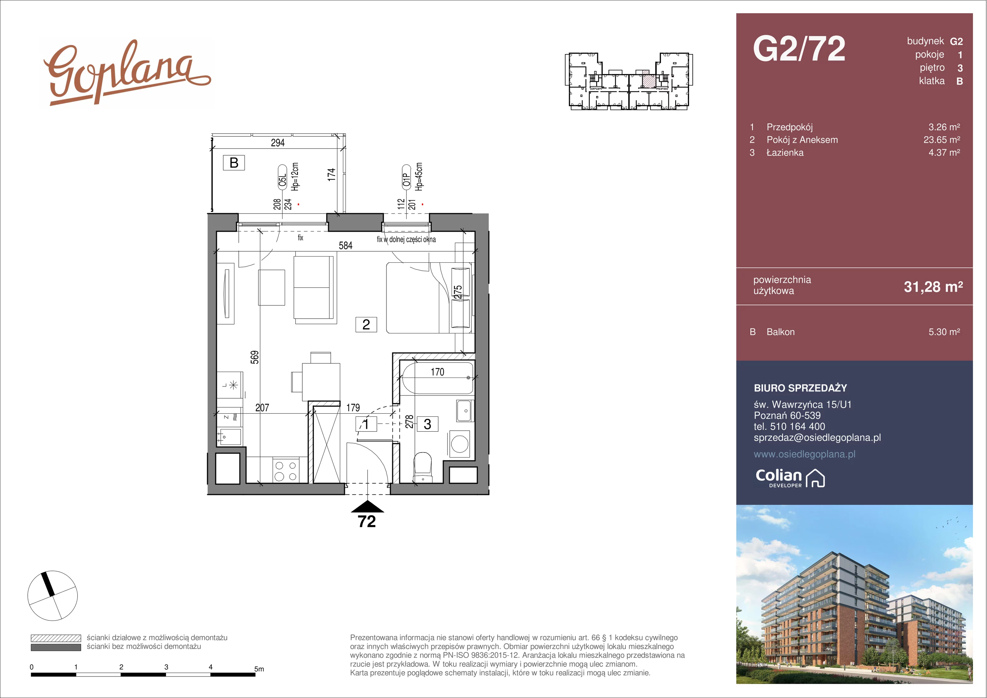 1 pokój, mieszkanie 31,28 m², piętro 3, oferta nr G2/72, Goplana Budynek G, Poznań, Jeżyce, ul. św. Wawrzyńca