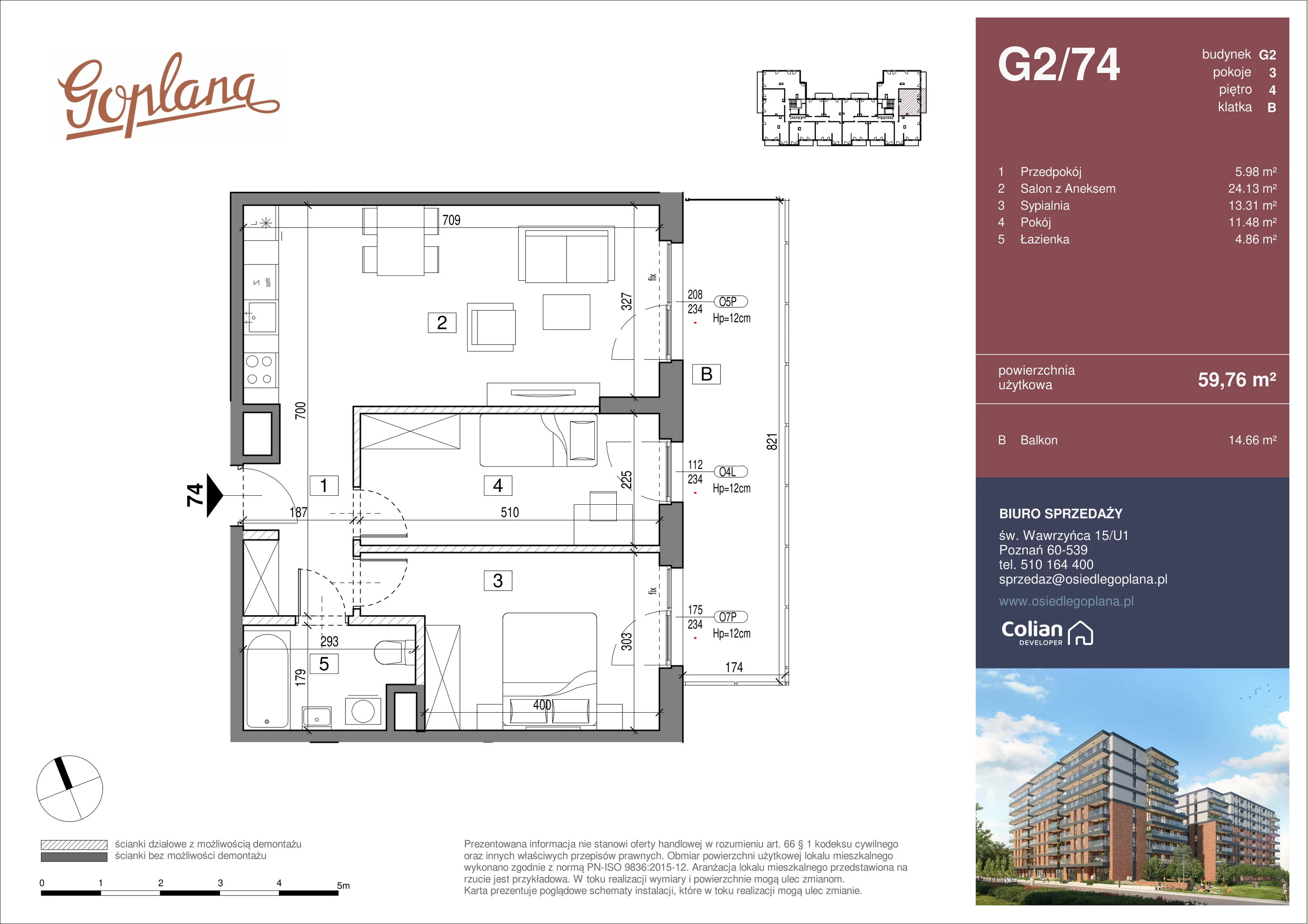 3 pokoje, mieszkanie 59,76 m², piętro 4, oferta nr G2/74, Goplana Budynek G, Poznań, Jeżyce, ul. św. Wawrzyńca