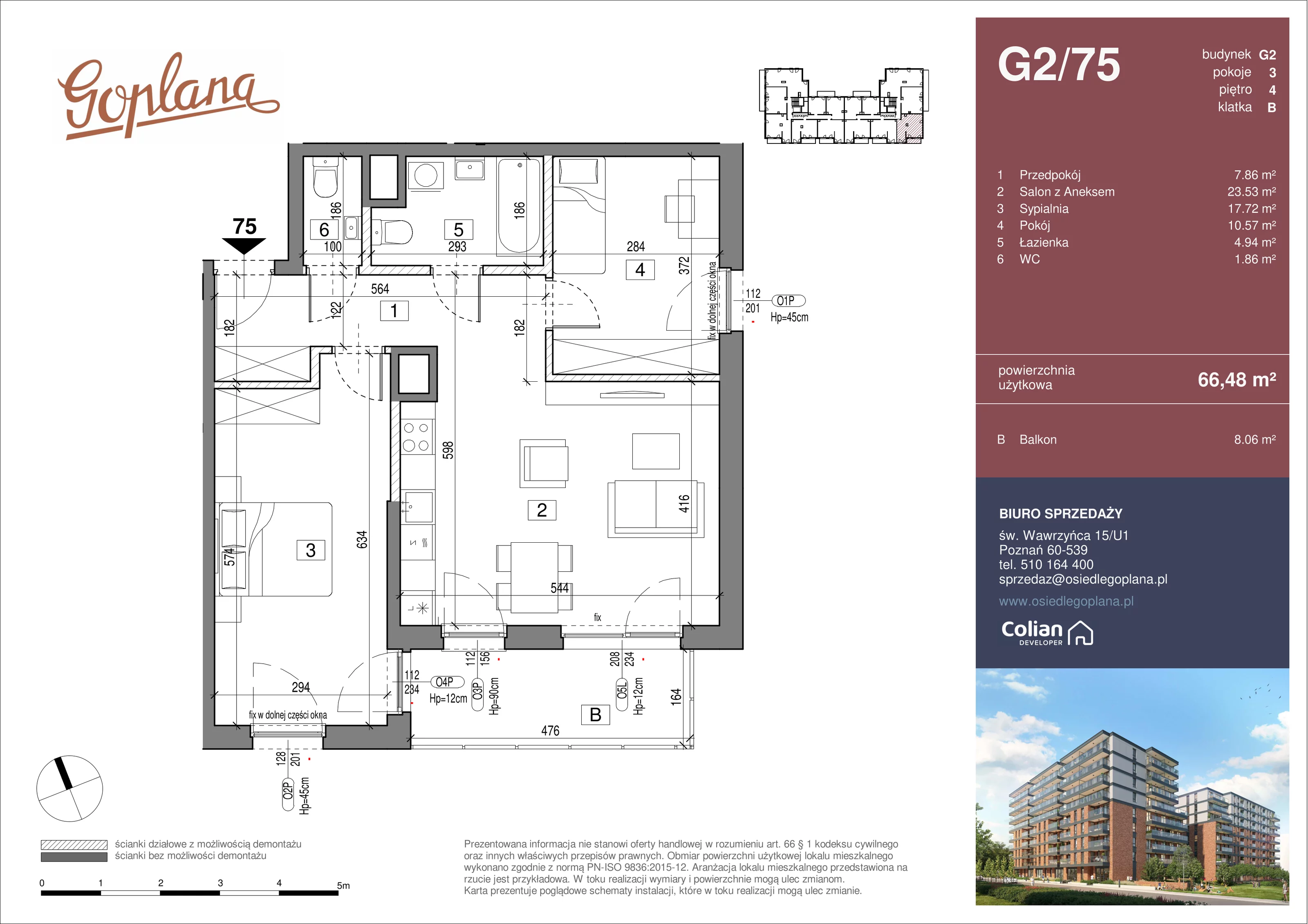 3 pokoje, mieszkanie 66,48 m², piętro 4, oferta nr G2/75, Goplana Budynek G, Poznań, Jeżyce, ul. św. Wawrzyńca