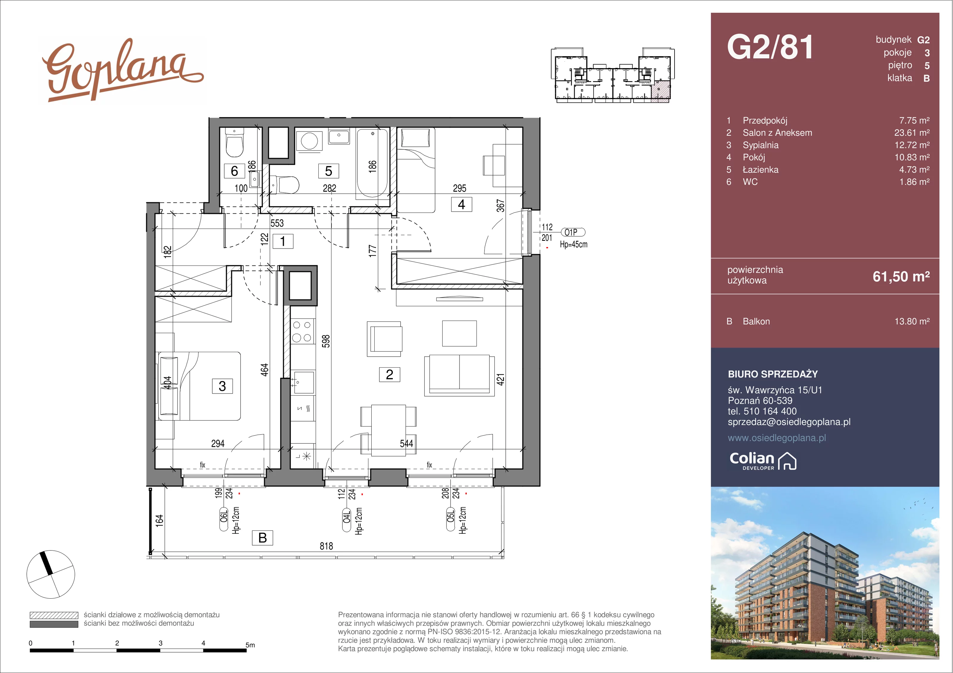 3 pokoje, mieszkanie 61,50 m², piętro 5, oferta nr G2/81, Goplana Budynek G, Poznań, Jeżyce, ul. św. Wawrzyńca
