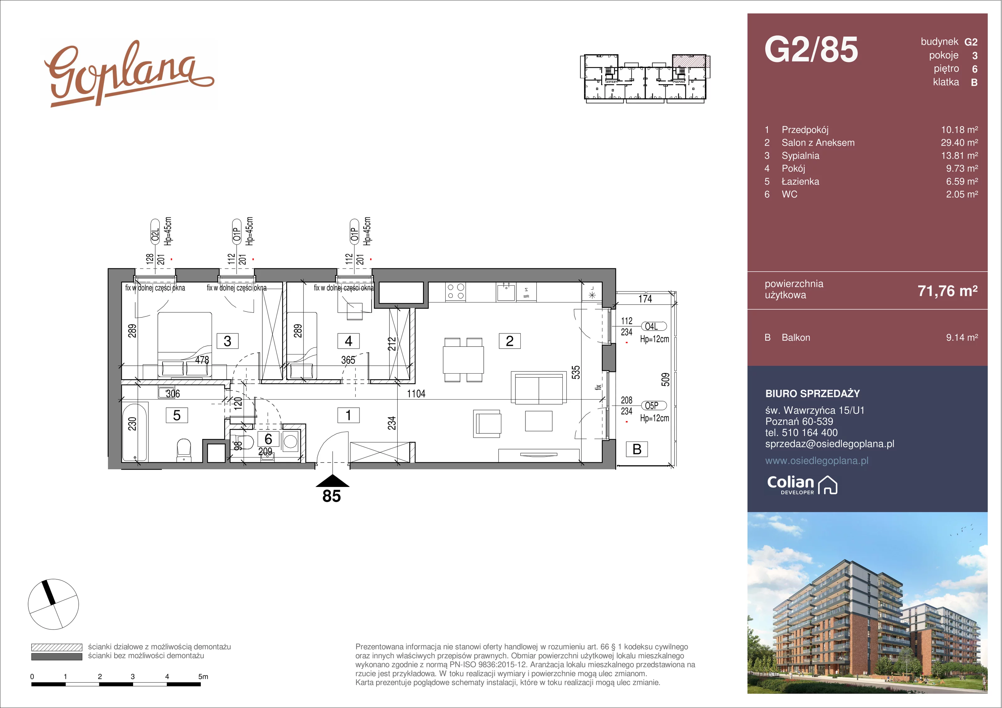 3 pokoje, mieszkanie 71,76 m², piętro 6, oferta nr G2/85, Goplana Budynek G, Poznań, Jeżyce, ul. św. Wawrzyńca
