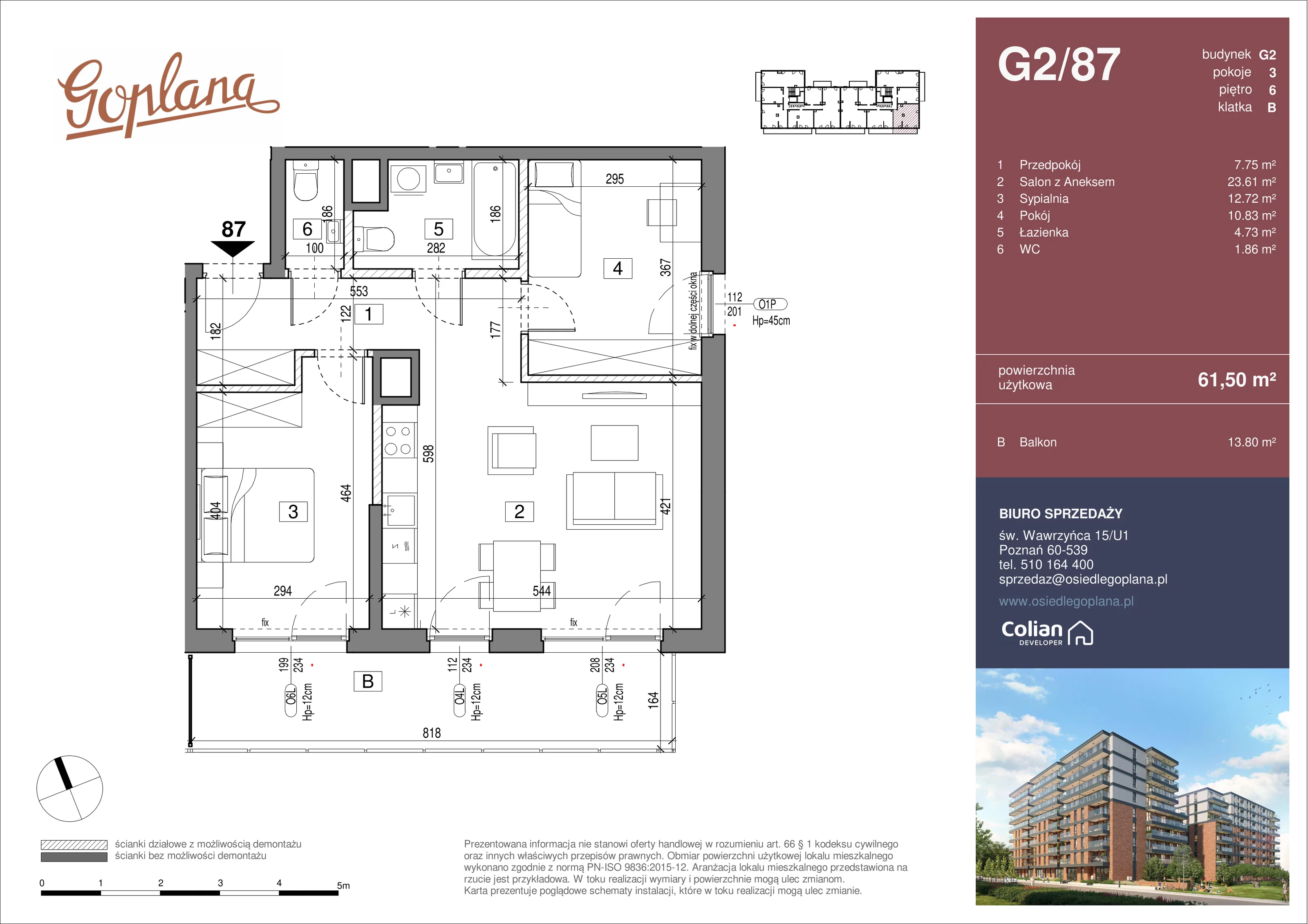 3 pokoje, mieszkanie 61,50 m², piętro 6, oferta nr G2/87, Goplana Budynek G, Poznań, Jeżyce, ul. św. Wawrzyńca