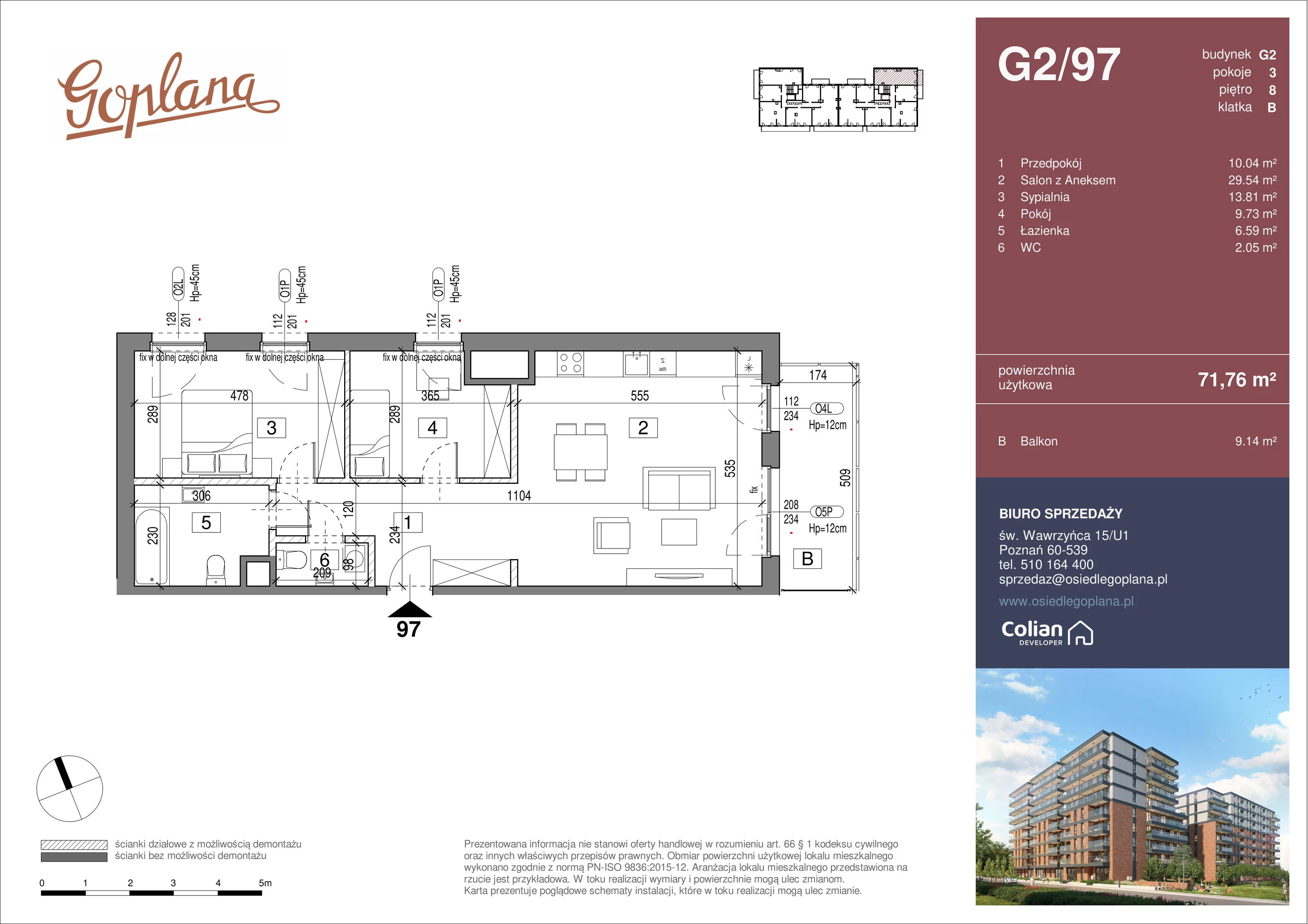3 pokoje, mieszkanie 71,76 m², piętro 8, oferta nr G2/97, Goplana Budynek G, Poznań, Jeżyce, ul. św. Wawrzyńca