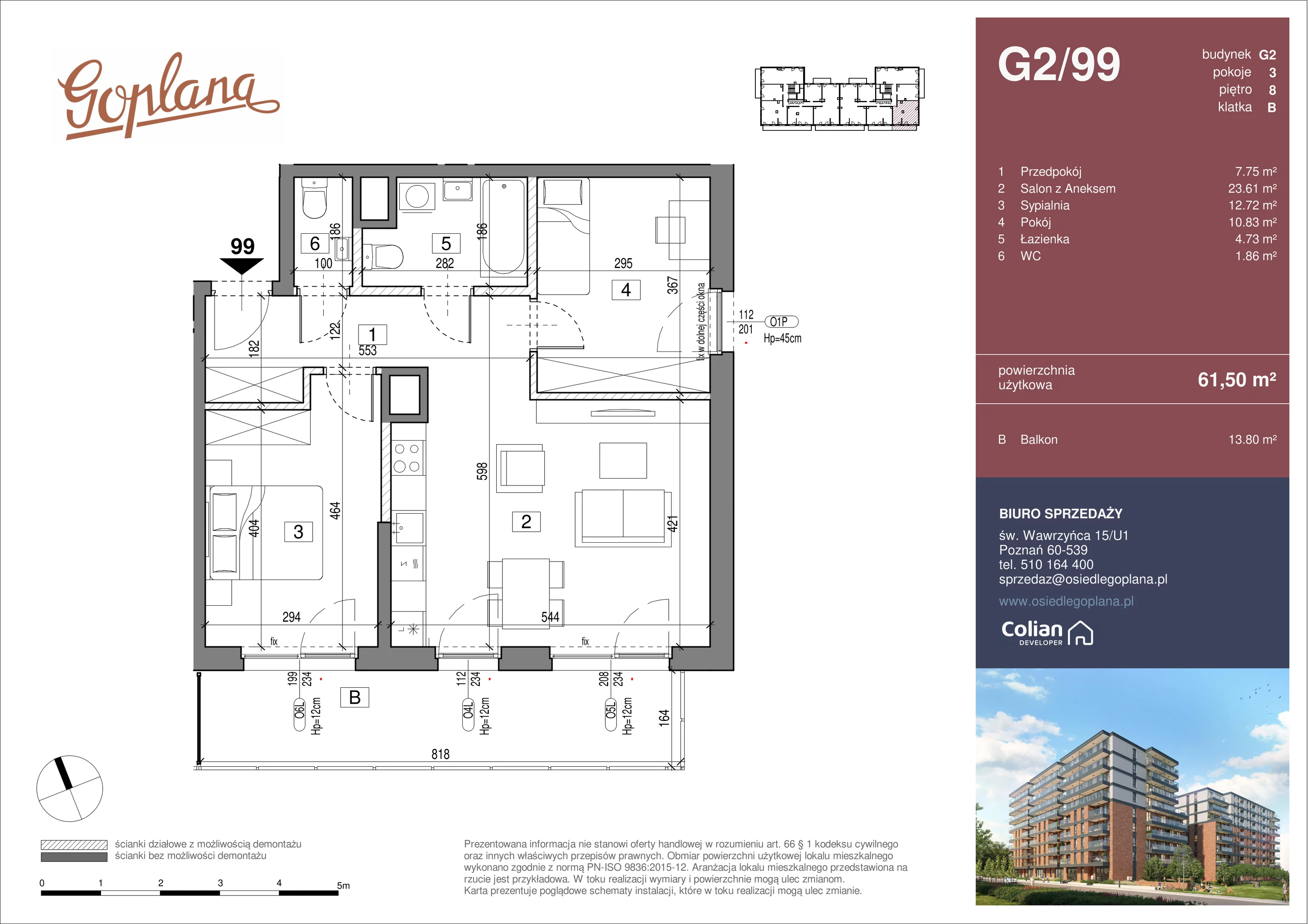 3 pokoje, mieszkanie 61,50 m², piętro 8, oferta nr G2/99, Goplana Budynek G, Poznań, Jeżyce, ul. św. Wawrzyńca