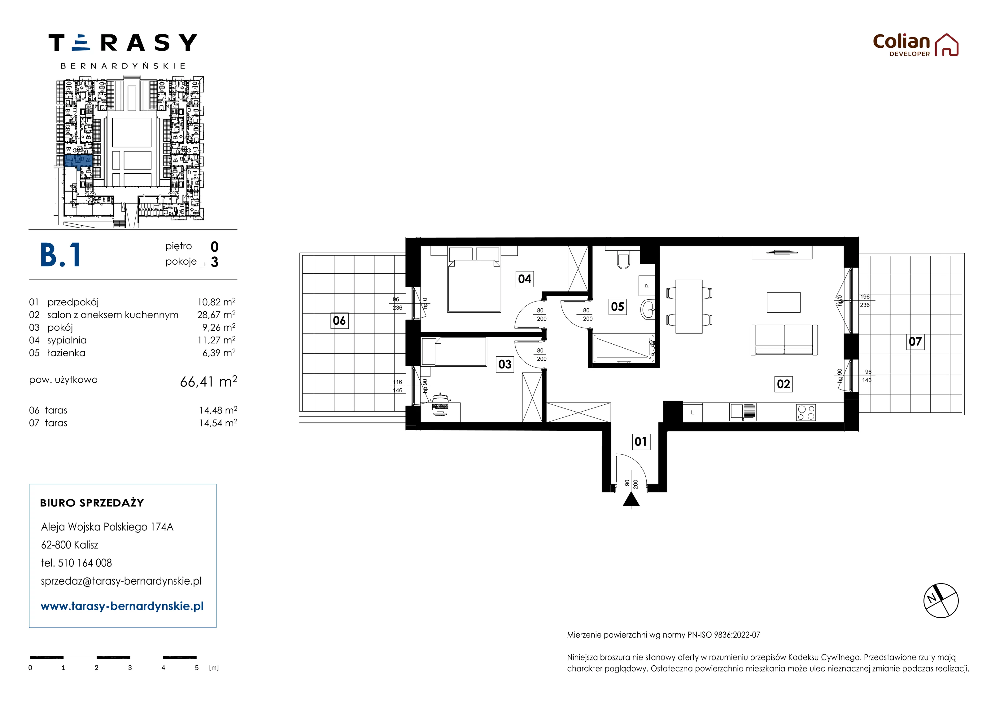 3 pokoje, mieszkanie 66,41 m², parter, oferta nr B.1, Tarasy Bernardyńskie, Kalisz, Śródmieście, ul. Kazimierza Mystkowskiego