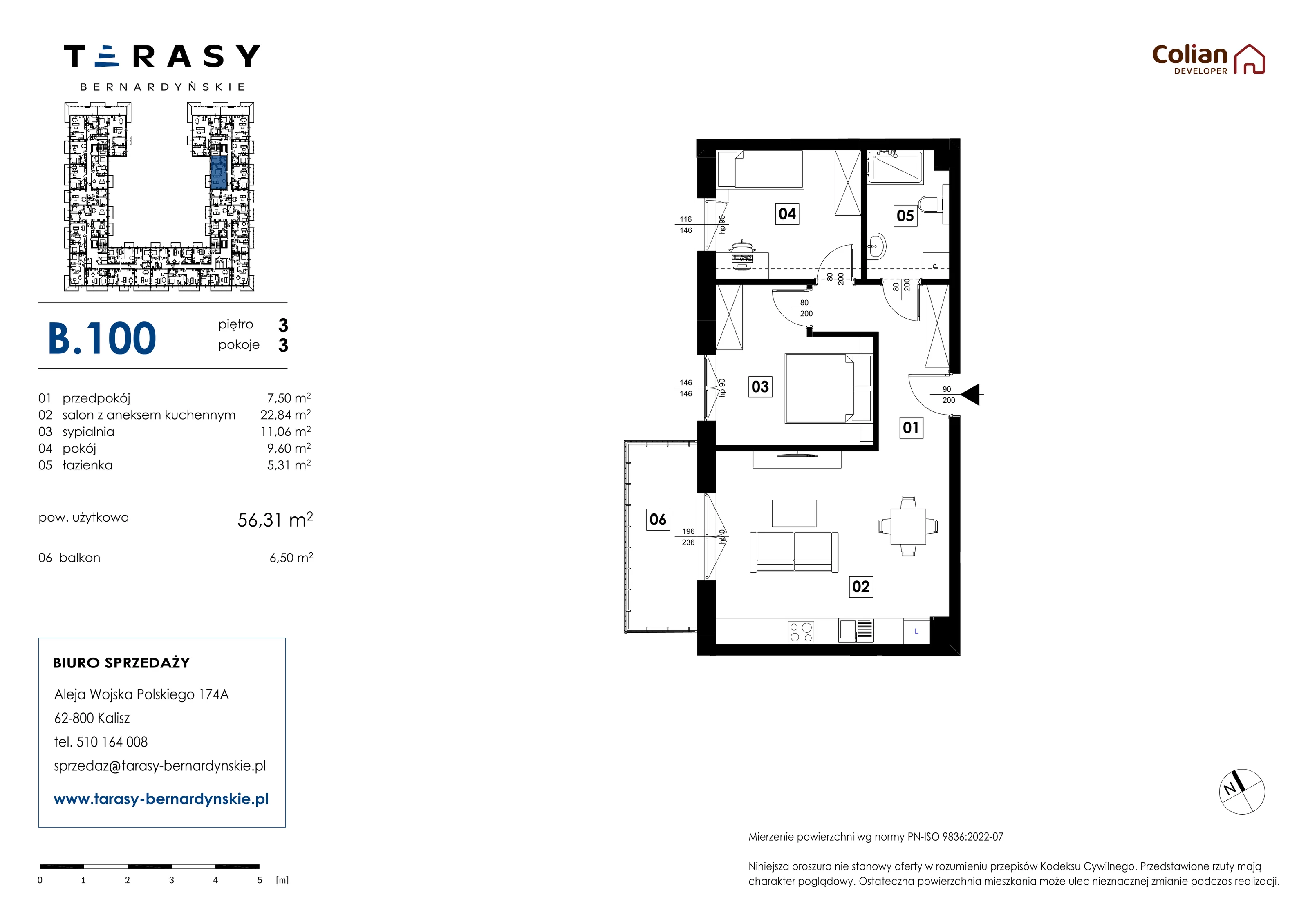 3 pokoje, mieszkanie 56,31 m², piętro 3, oferta nr B.100, Tarasy Bernardyńskie, Kalisz, Śródmieście, ul. Kazimierza Mystkowskiego