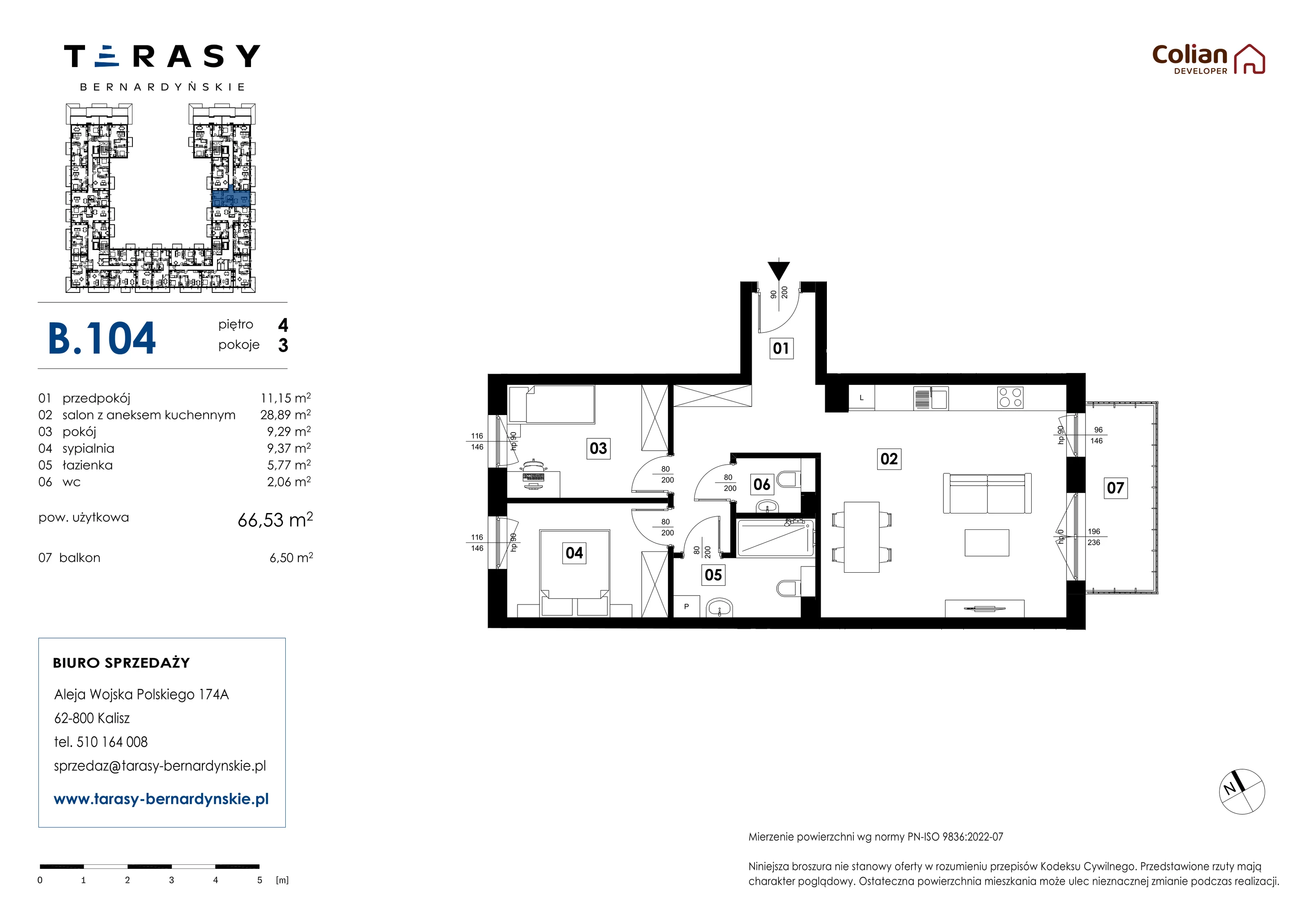 3 pokoje, mieszkanie 66,53 m², piętro 4, oferta nr B.104, Tarasy Bernardyńskie, Kalisz, Śródmieście, ul. Kazimierza Mystkowskiego