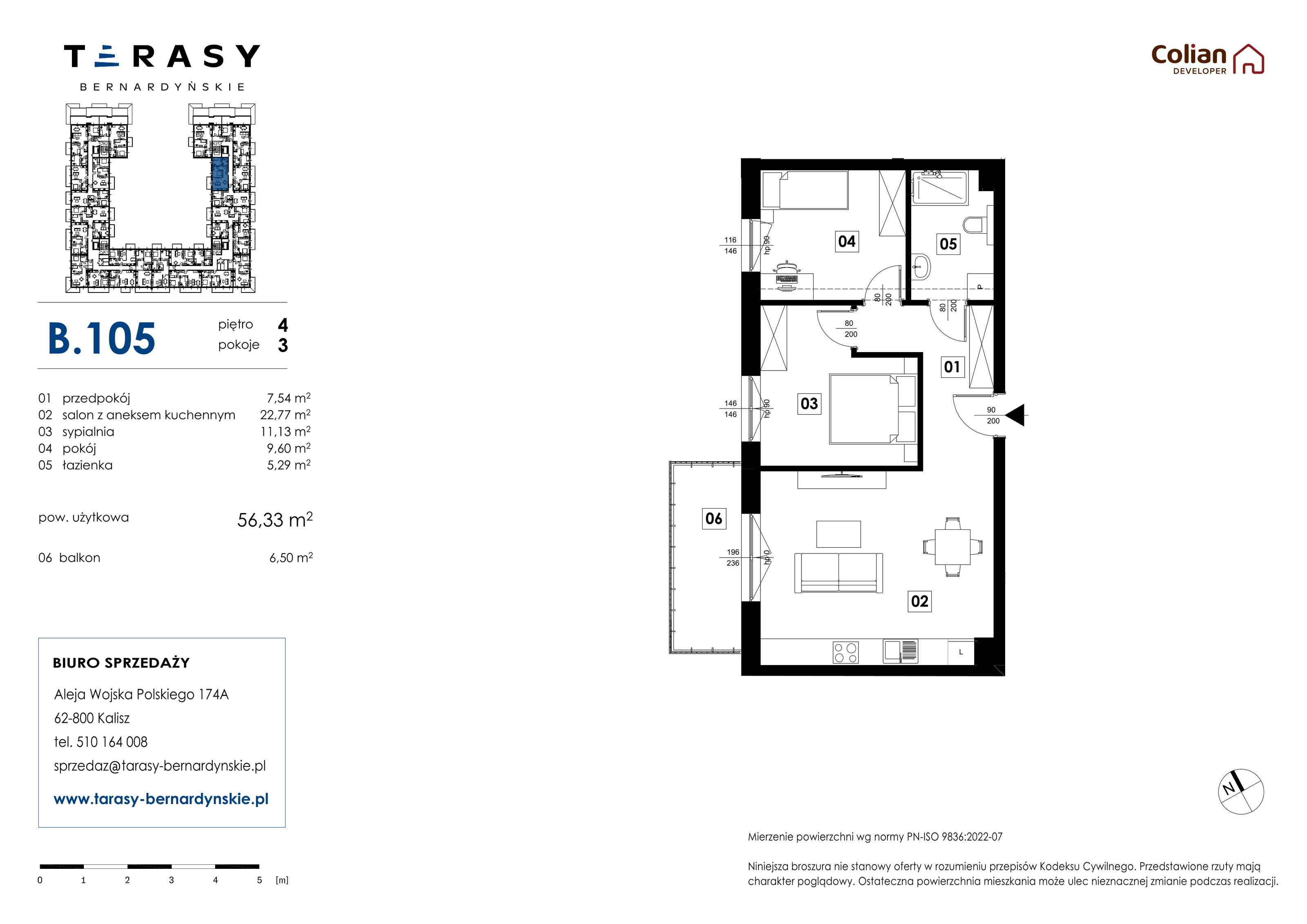 3 pokoje, mieszkanie 56,33 m², piętro 4, oferta nr B.105, Tarasy Bernardyńskie, Kalisz, Śródmieście, ul. Kazimierza Mystkowskiego