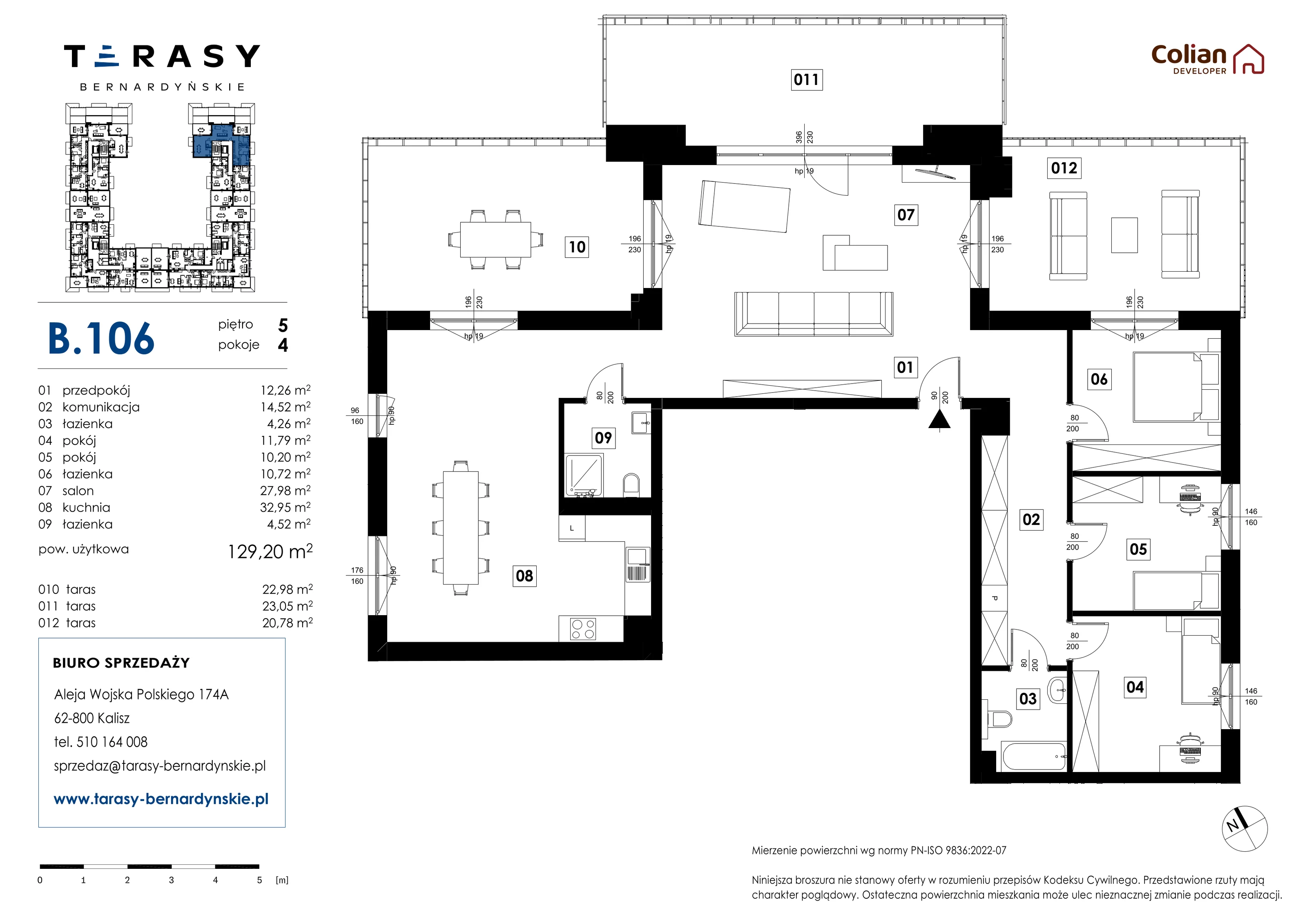 4 pokoje, mieszkanie 129,20 m², piętro 5, oferta nr B.106, Tarasy Bernardyńskie, Kalisz, Śródmieście, ul. Kazimierza Mystkowskiego