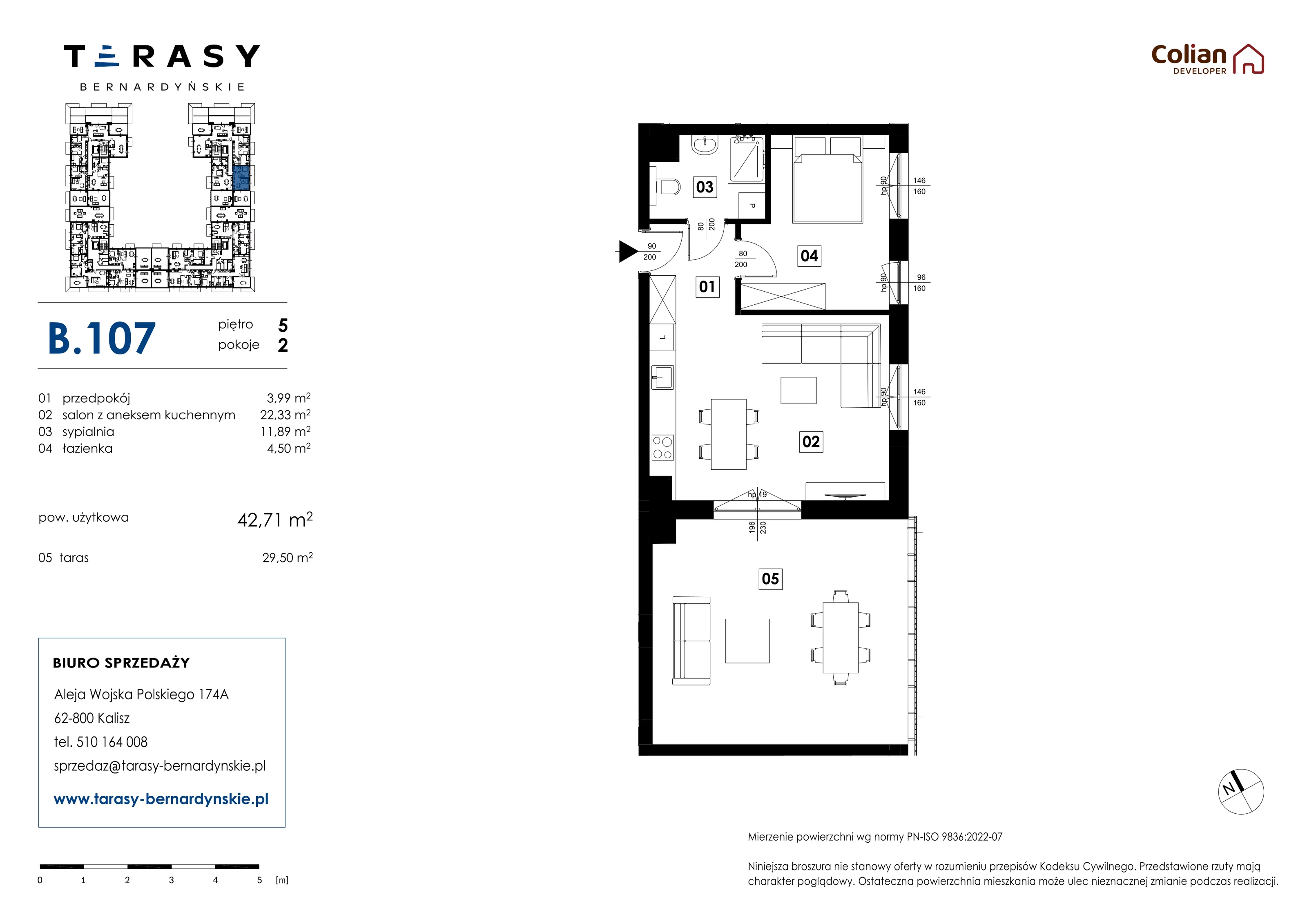 2 pokoje, mieszkanie 42,71 m², piętro 5, oferta nr B.107, Tarasy Bernardyńskie, Kalisz, Śródmieście, ul. Kazimierza Mystkowskiego