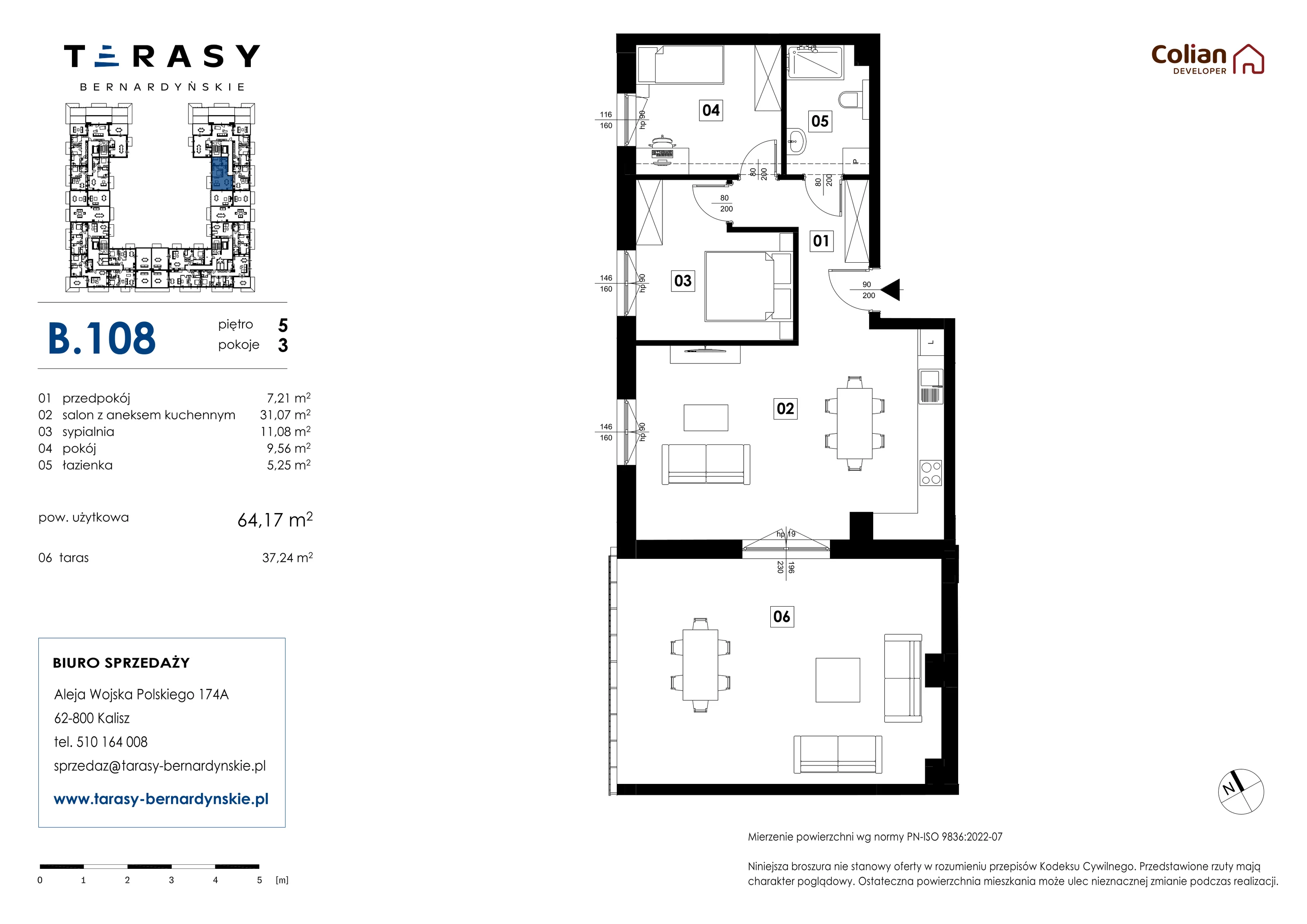 3 pokoje, mieszkanie 64,17 m², piętro 5, oferta nr B.108, Tarasy Bernardyńskie, Kalisz, Śródmieście, ul. Kazimierza Mystkowskiego