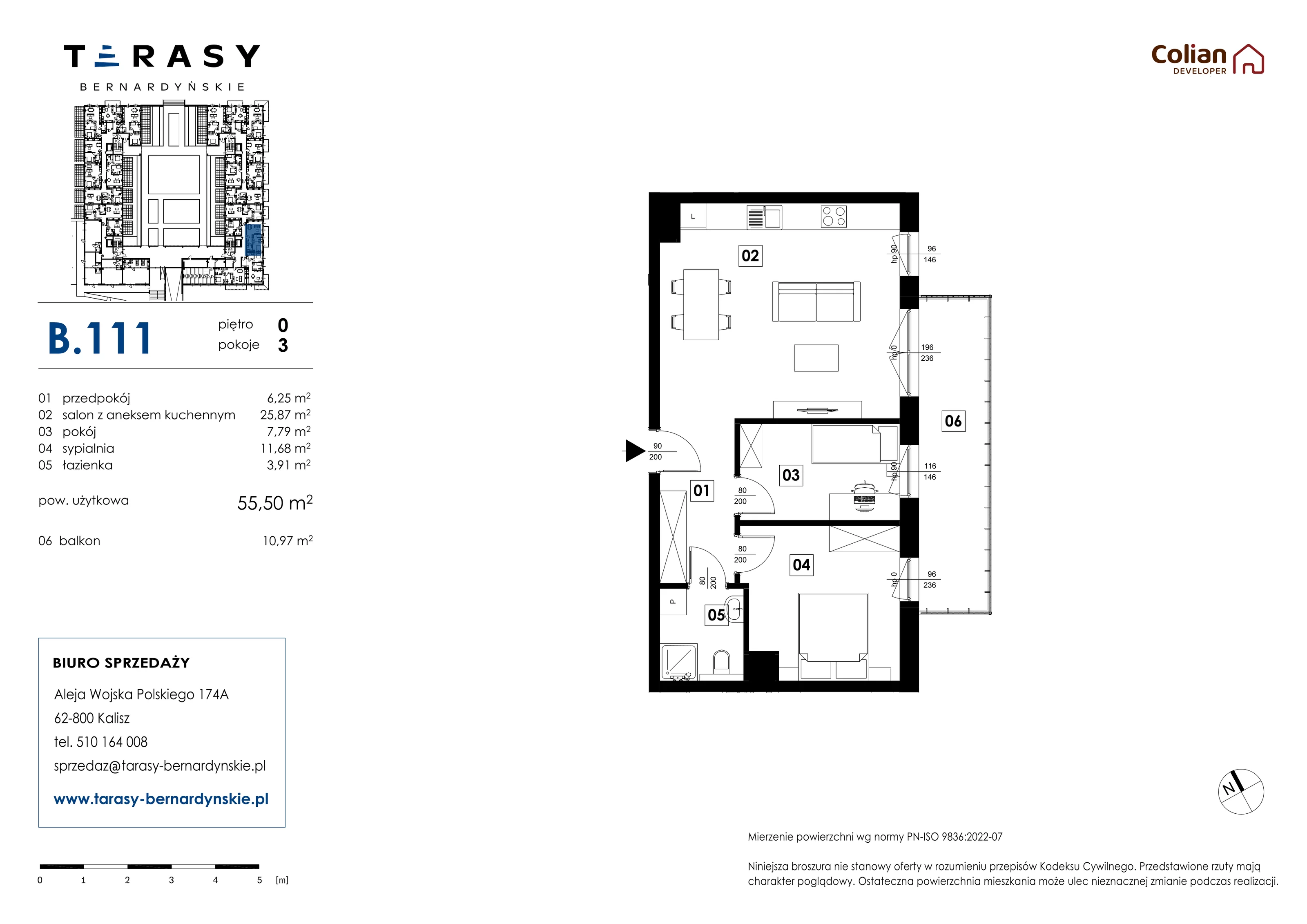 3 pokoje, mieszkanie 55,50 m², parter, oferta nr B.111, Tarasy Bernardyńskie, Kalisz, Śródmieście, ul. Kazimierza Mystkowskiego