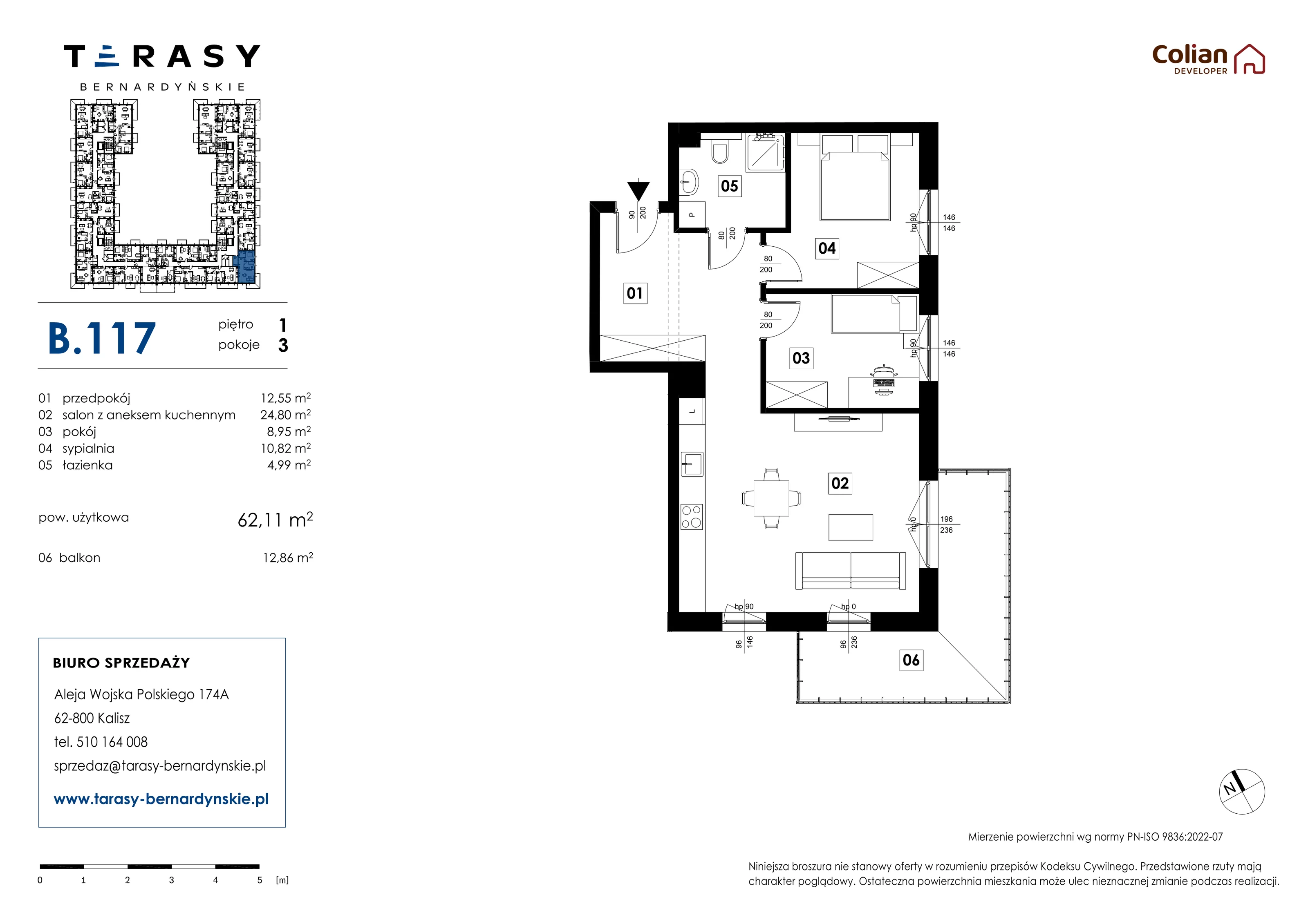 3 pokoje, mieszkanie 62,11 m², piętro 1, oferta nr B.117, Tarasy Bernardyńskie, Kalisz, Śródmieście, ul. Kazimierza Mystkowskiego