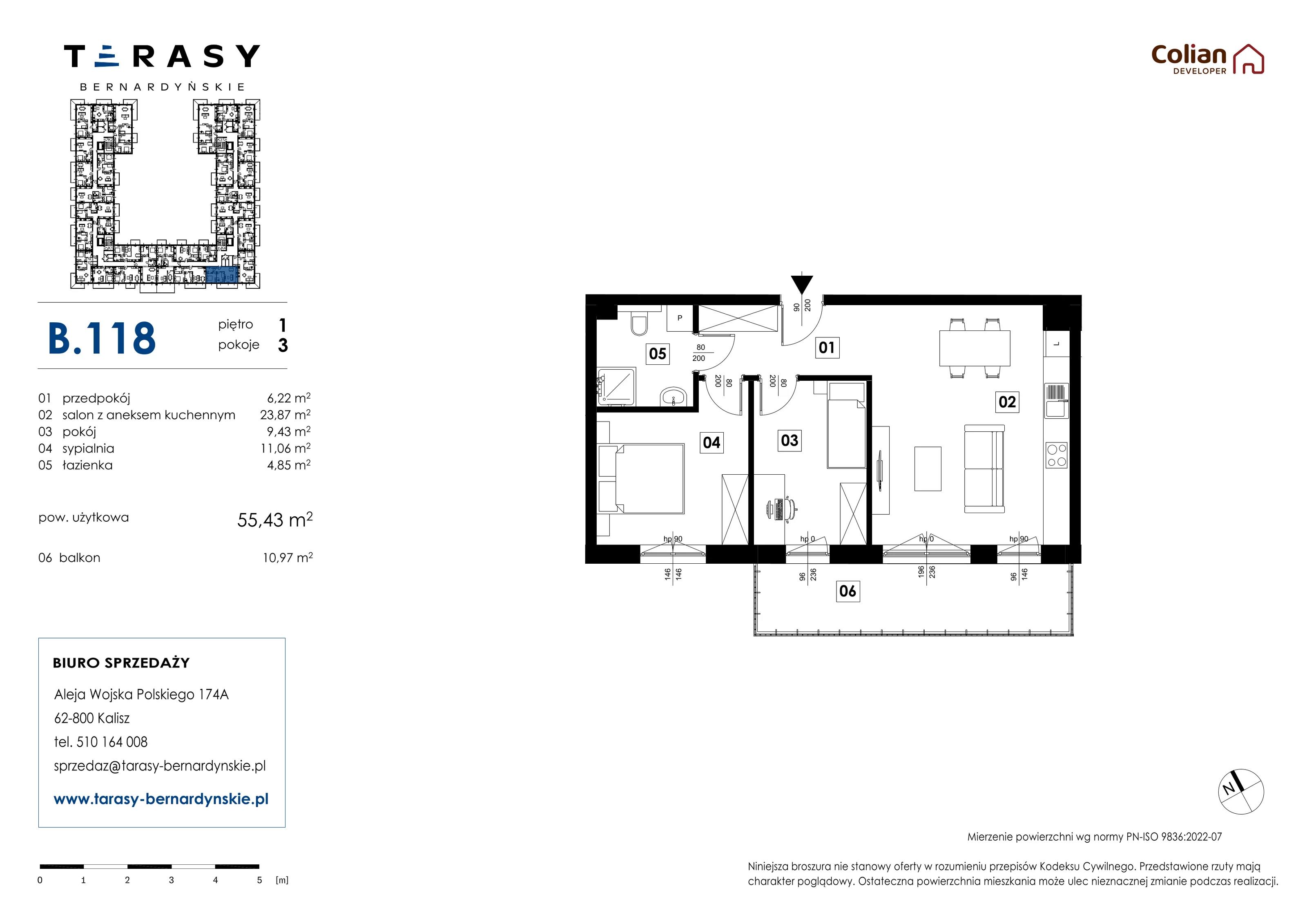 3 pokoje, mieszkanie 55,43 m², piętro 1, oferta nr B.118, Tarasy Bernardyńskie, Kalisz, Śródmieście, ul. Kazimierza Mystkowskiego