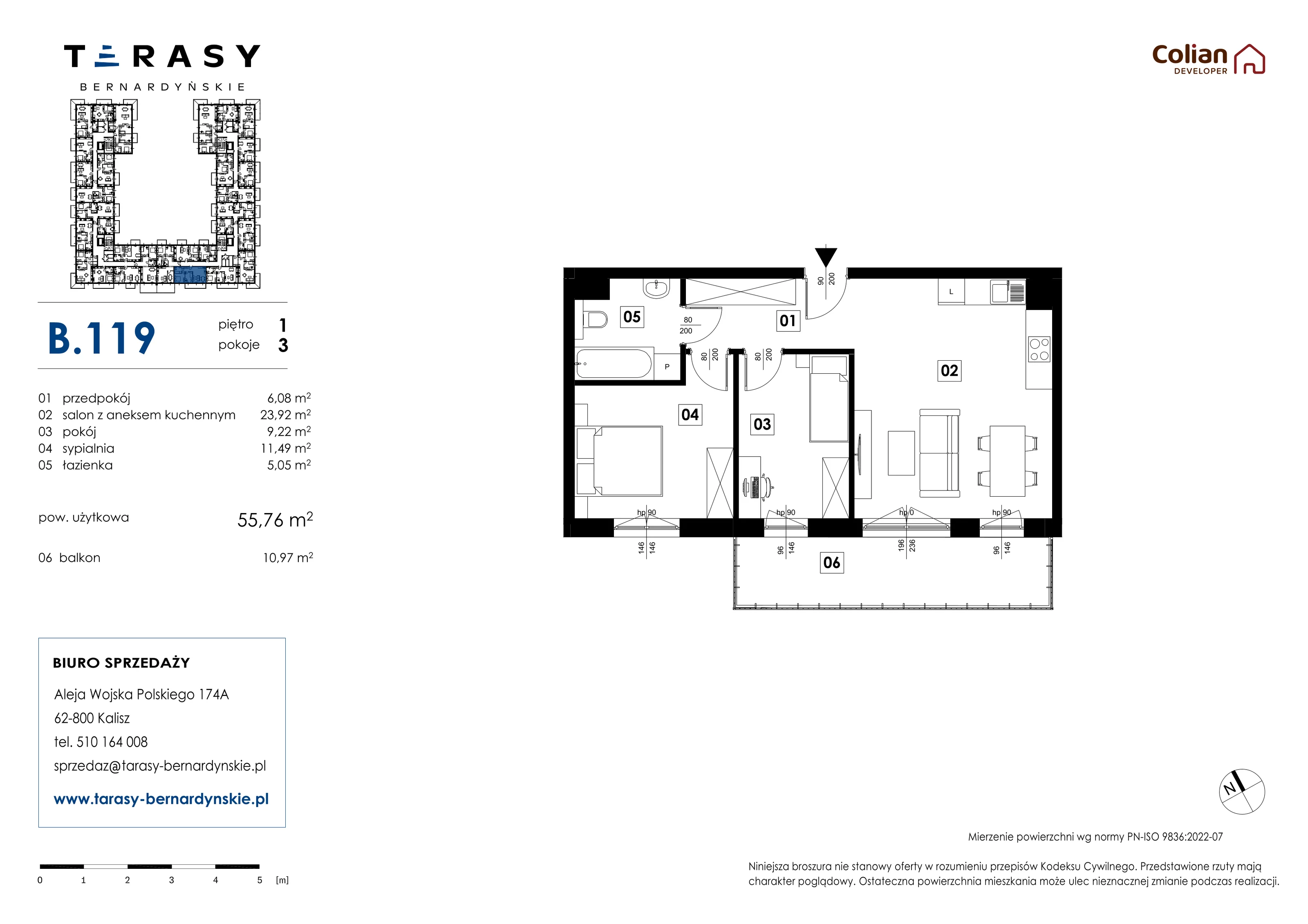 3 pokoje, mieszkanie 55,76 m², piętro 1, oferta nr B.119, Tarasy Bernardyńskie, Kalisz, Śródmieście, ul. Kazimierza Mystkowskiego