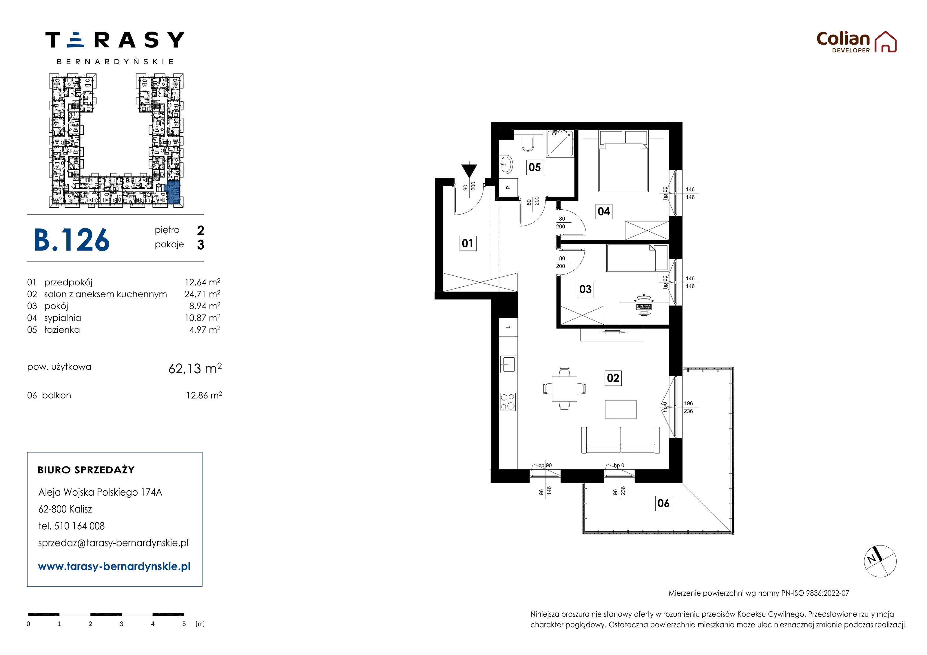 3 pokoje, mieszkanie 62,13 m², piętro 2, oferta nr B.126, Tarasy Bernardyńskie, Kalisz, Śródmieście, ul. Kazimierza Mystkowskiego
