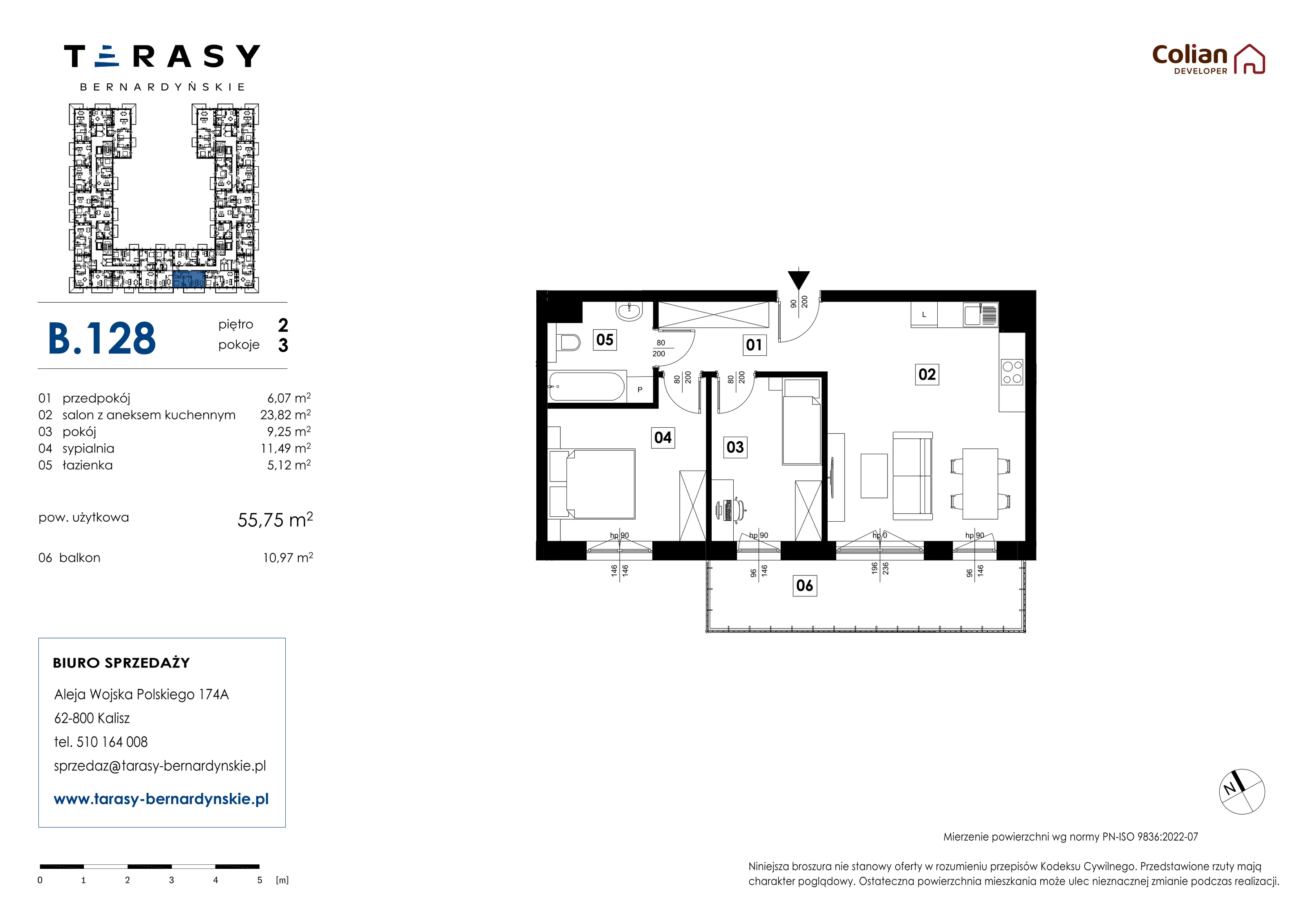 3 pokoje, mieszkanie 55,75 m², piętro 2, oferta nr B.128, Tarasy Bernardyńskie, Kalisz, Śródmieście, ul. Kazimierza Mystkowskiego