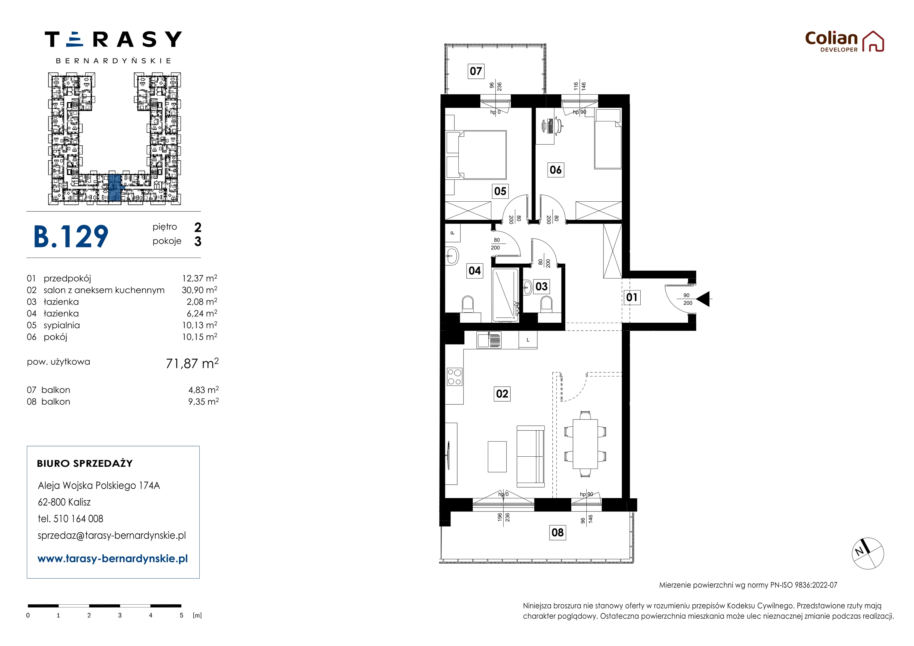 3 pokoje, mieszkanie 71,87 m², piętro 2, oferta nr B.129, Tarasy Bernardyńskie, Kalisz, Śródmieście, ul. Kazimierza Mystkowskiego