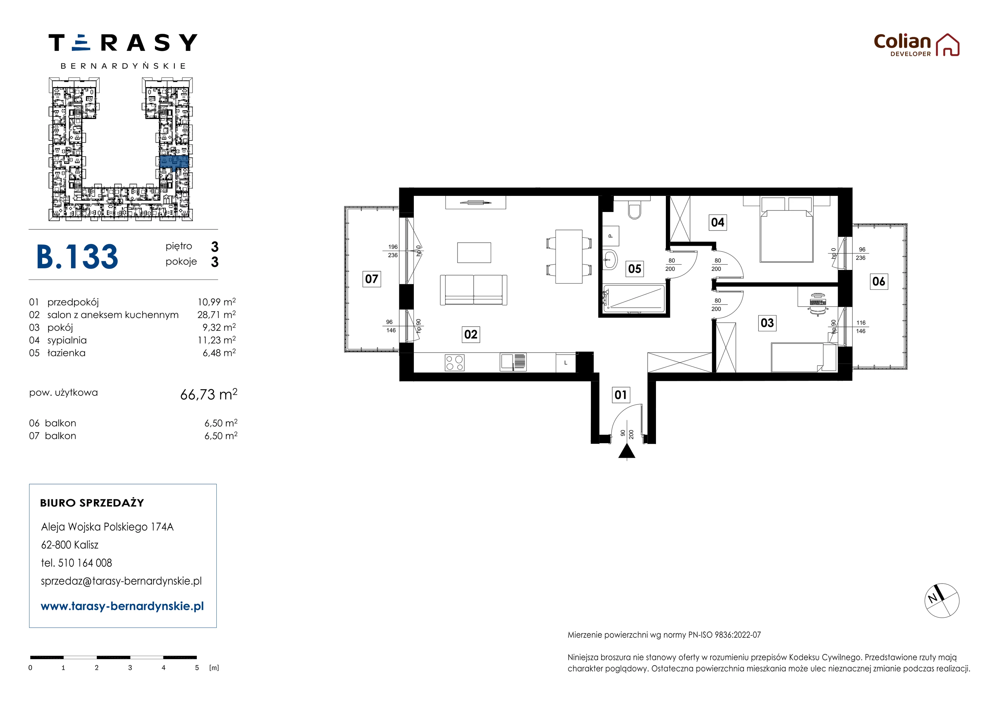 3 pokoje, mieszkanie 66,73 m², piętro 3, oferta nr B.133, Tarasy Bernardyńskie, Kalisz, Śródmieście, ul. Kazimierza Mystkowskiego