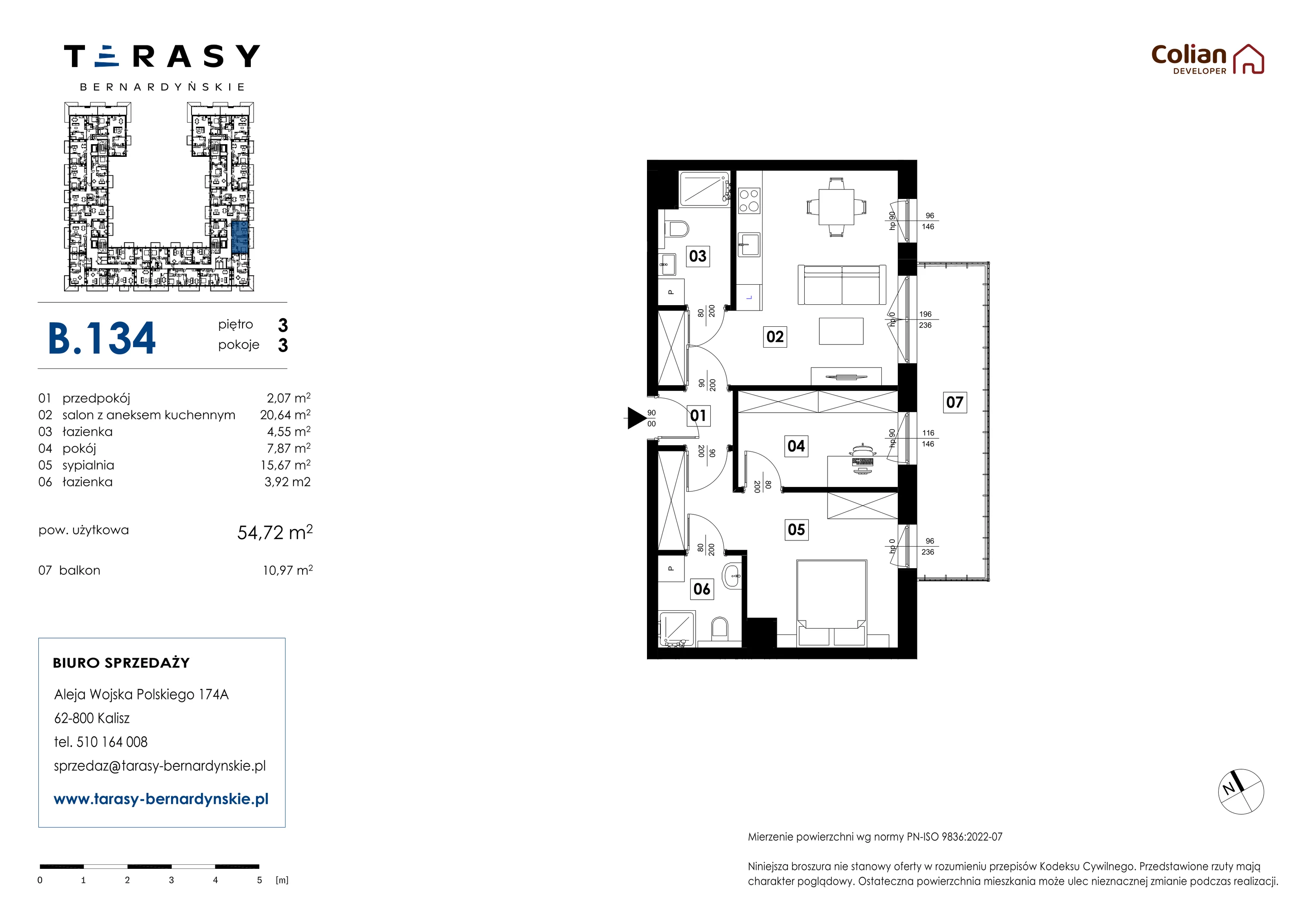 3 pokoje, mieszkanie 54,72 m², piętro 3, oferta nr B.134, Tarasy Bernardyńskie, Kalisz, Śródmieście, ul. Kazimierza Mystkowskiego