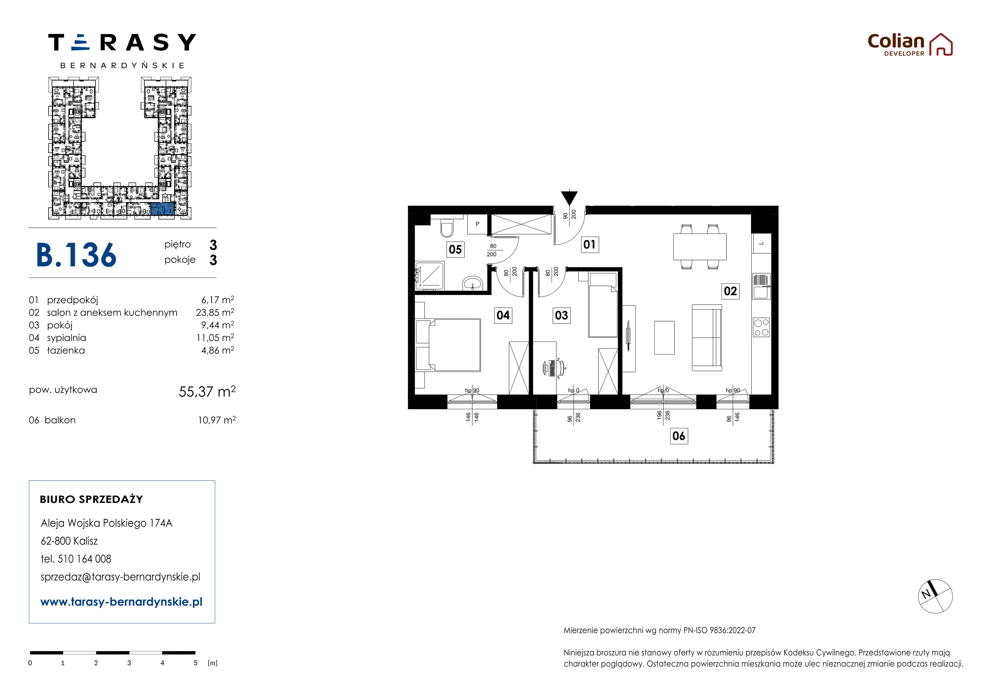 3 pokoje, mieszkanie 55,37 m², piętro 3, oferta nr B.136, Tarasy Bernardyńskie, Kalisz, Śródmieście, ul. Kazimierza Mystkowskiego