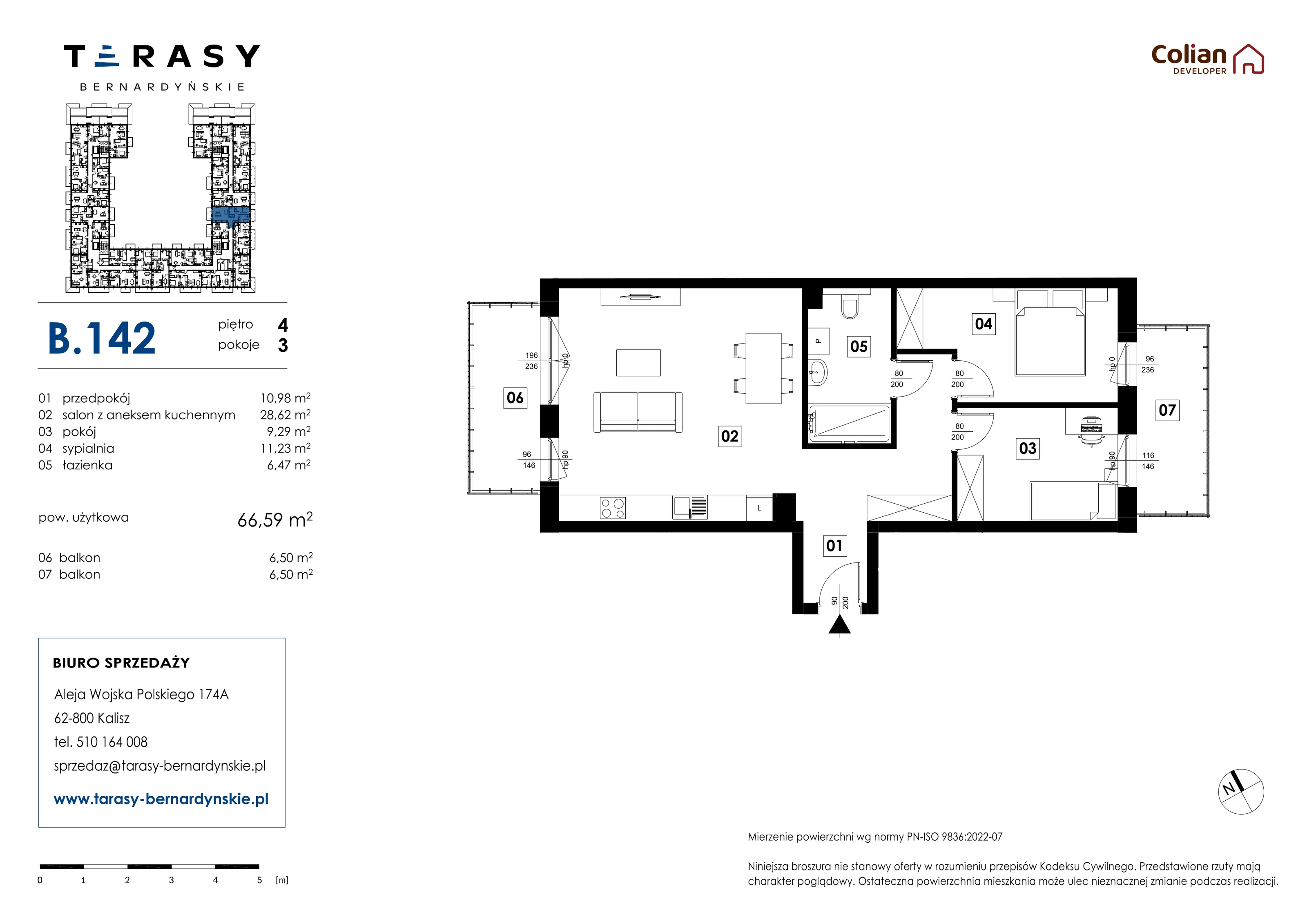 3 pokoje, mieszkanie 66,59 m², piętro 4, oferta nr B.142, Tarasy Bernardyńskie, Kalisz, Śródmieście, ul. Kazimierza Mystkowskiego