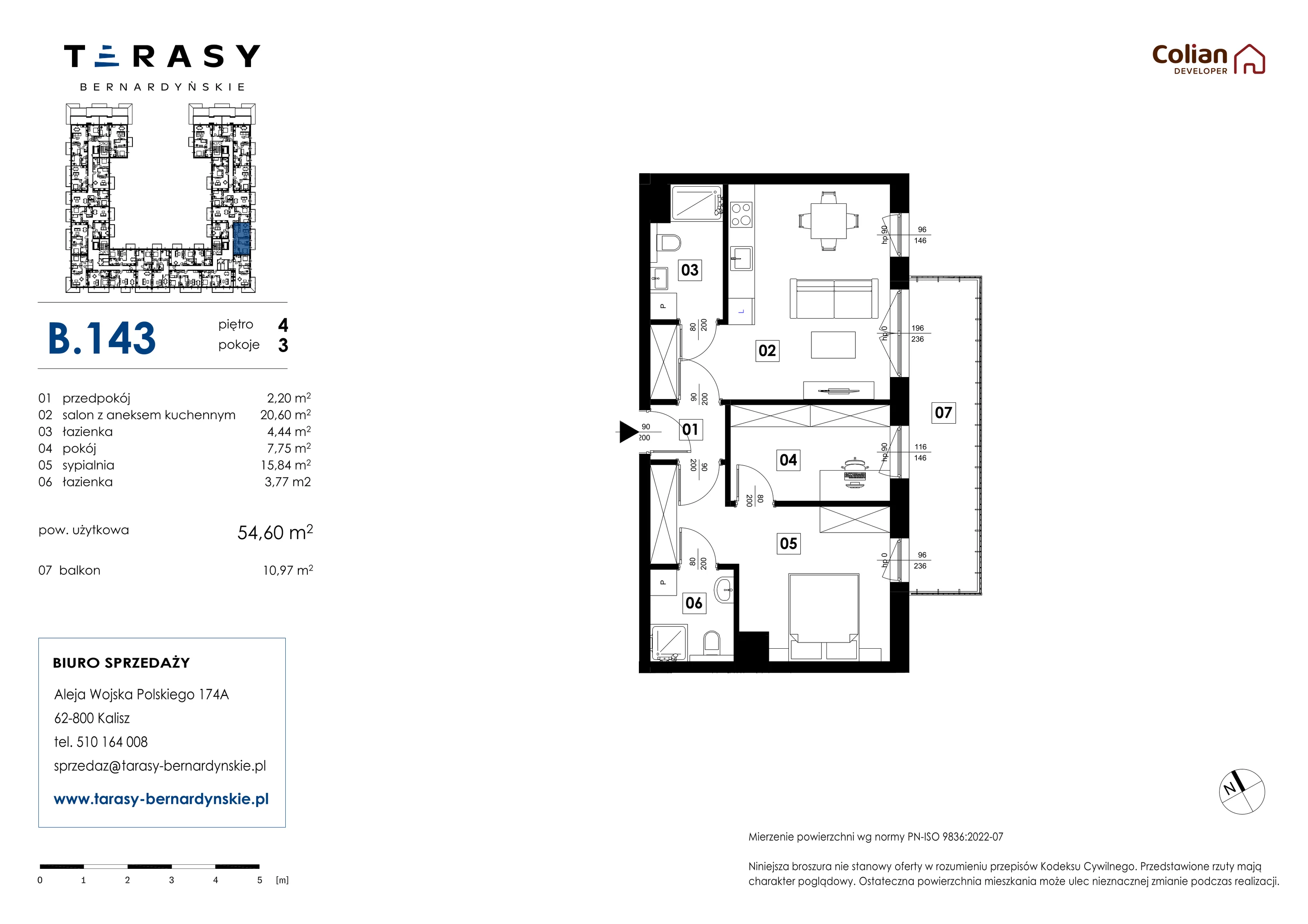 3 pokoje, mieszkanie 54,60 m², piętro 4, oferta nr B.143, Tarasy Bernardyńskie, Kalisz, Śródmieście, ul. Kazimierza Mystkowskiego