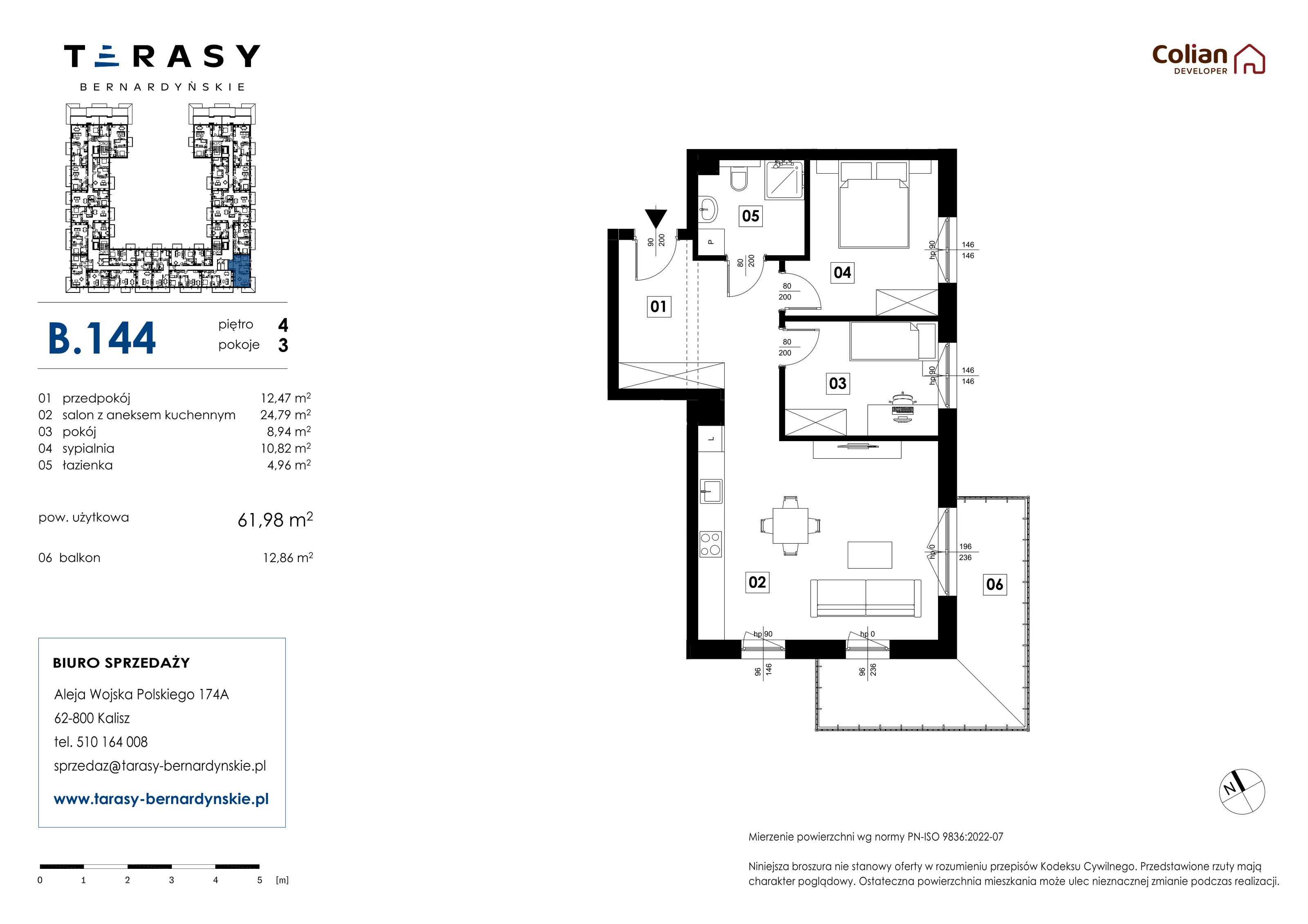 3 pokoje, mieszkanie 61,98 m², piętro 4, oferta nr B.144, Tarasy Bernardyńskie, Kalisz, Śródmieście, ul. Kazimierza Mystkowskiego