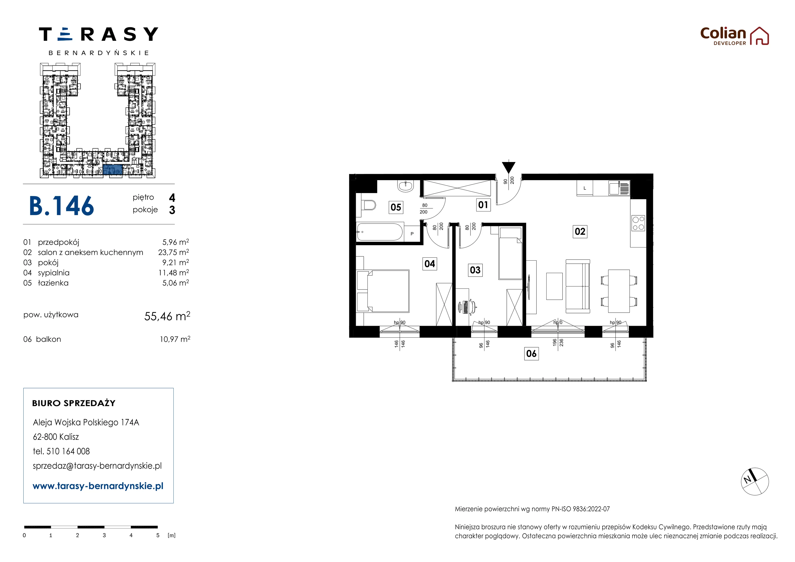 3 pokoje, mieszkanie 55,46 m², piętro 4, oferta nr B.146, Tarasy Bernardyńskie, Kalisz, Śródmieście, ul. Kazimierza Mystkowskiego