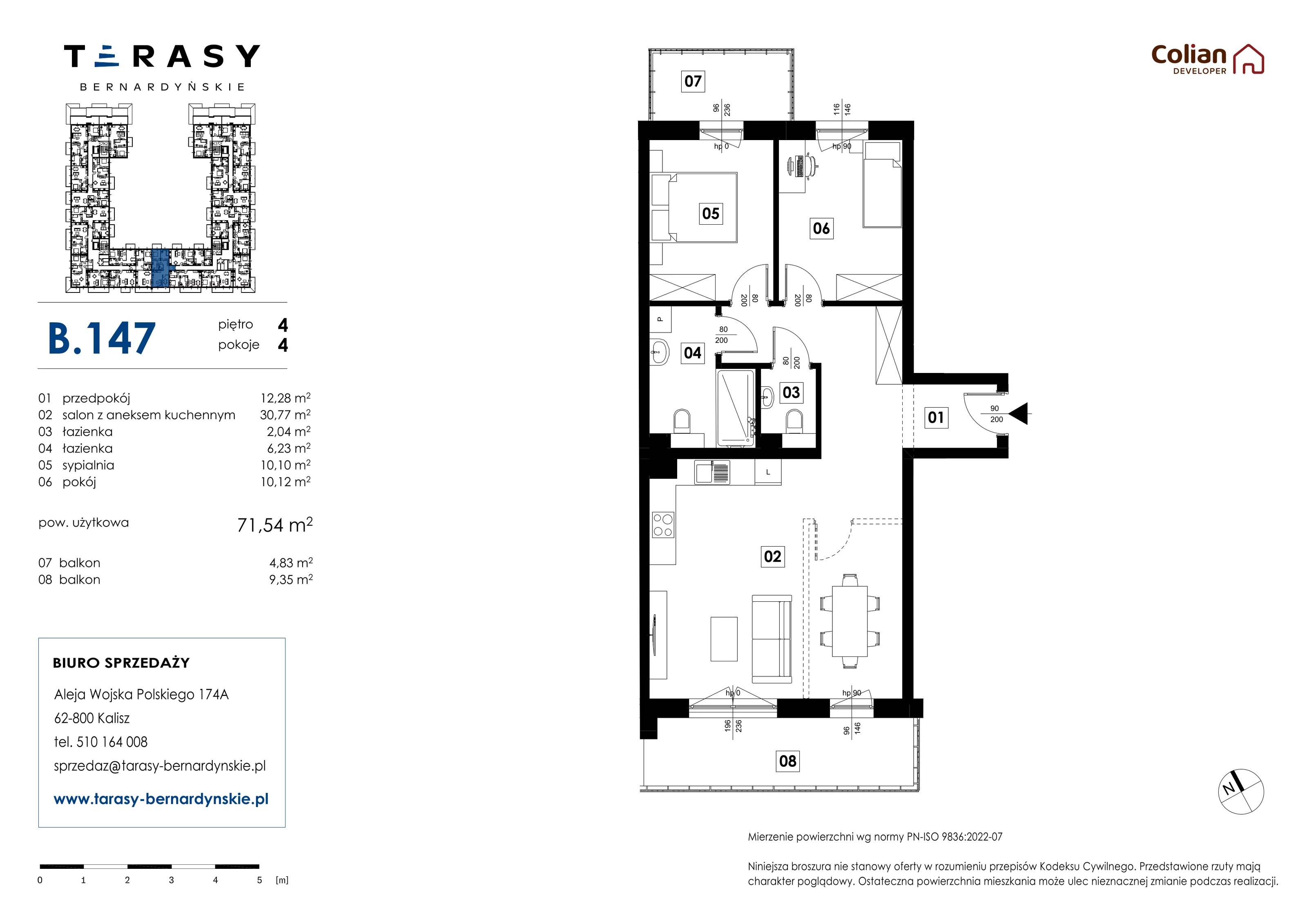 3 pokoje, mieszkanie 71,54 m², piętro 4, oferta nr B.147, Tarasy Bernardyńskie, Kalisz, Śródmieście, ul. Kazimierza Mystkowskiego