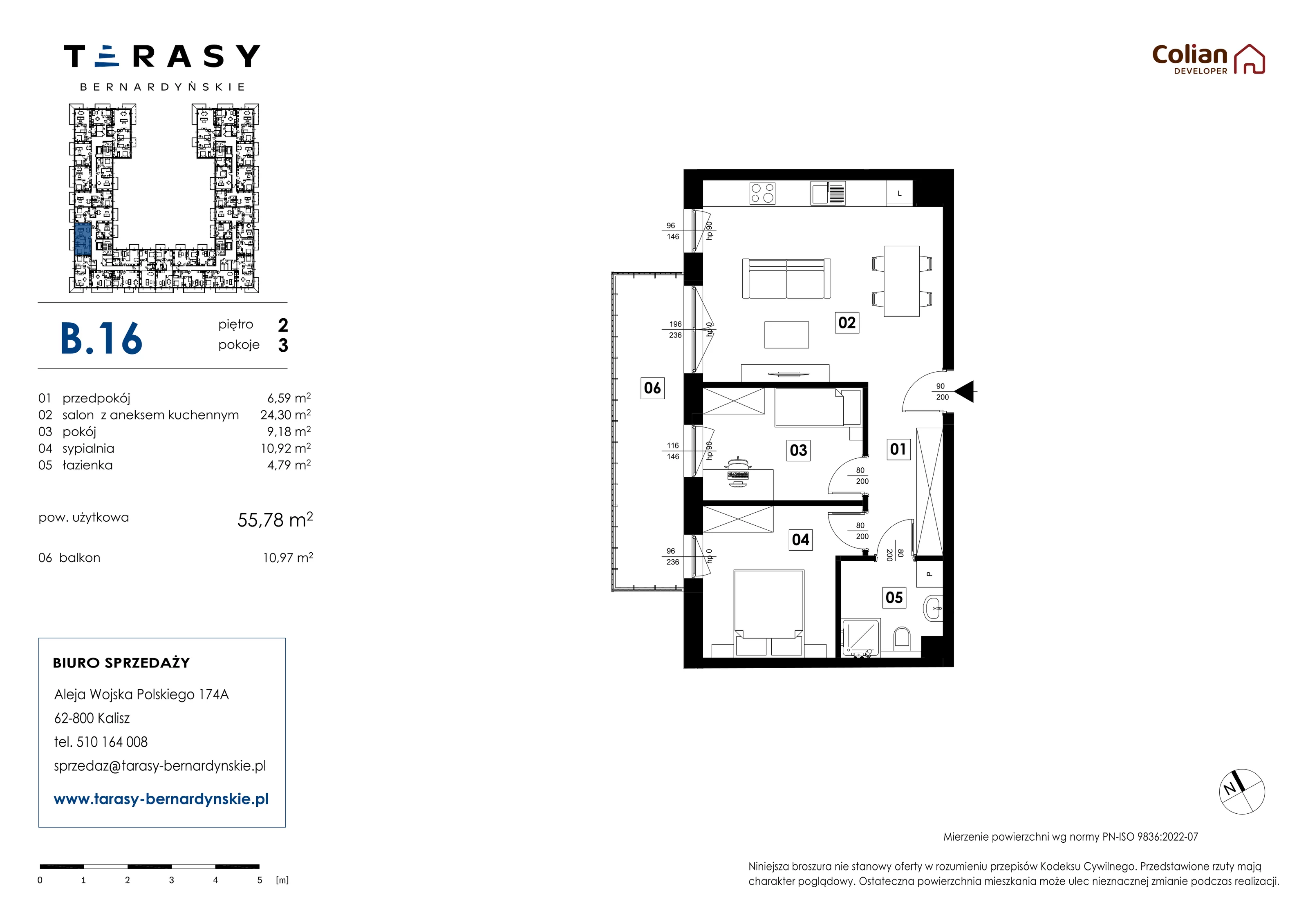 3 pokoje, mieszkanie 55,78 m², piętro 2, oferta nr B.16, Tarasy Bernardyńskie, Kalisz, Śródmieście, ul. Kazimierza Mystkowskiego