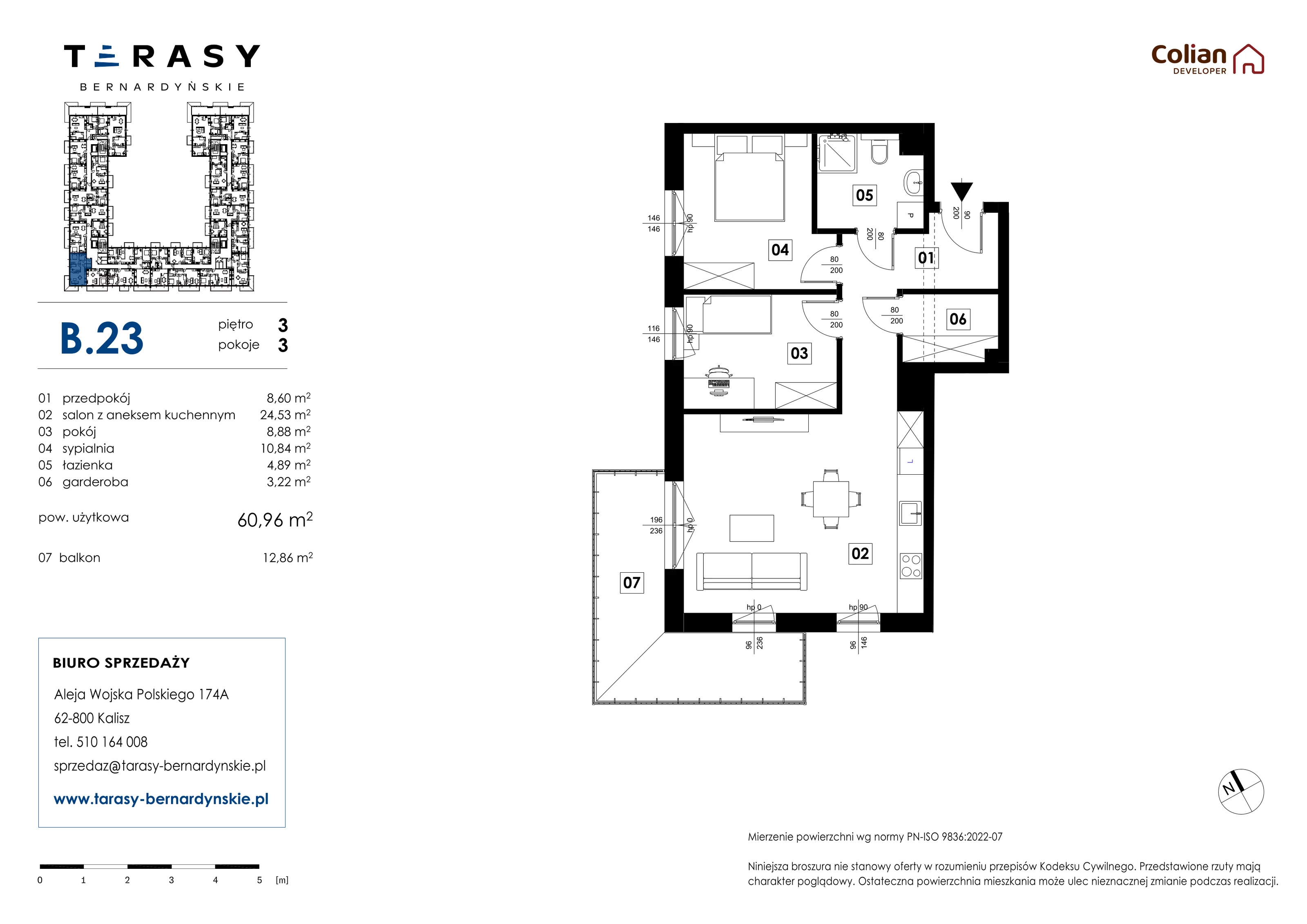 3 pokoje, mieszkanie 60,96 m², piętro 3, oferta nr B.23, Tarasy Bernardyńskie, Kalisz, Śródmieście, ul. Kazimierza Mystkowskiego