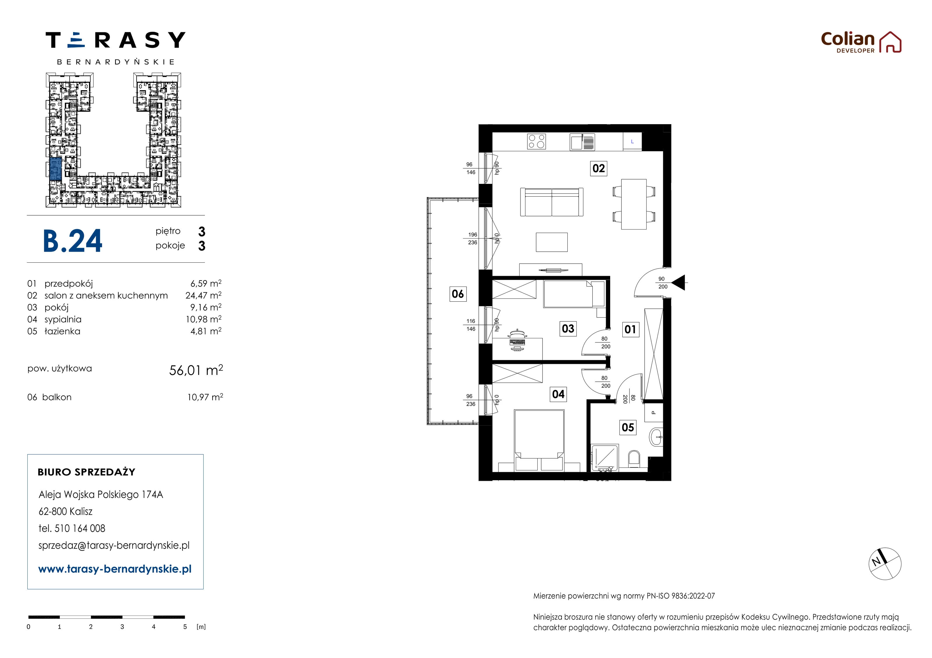 3 pokoje, mieszkanie 56,01 m², piętro 3, oferta nr B.24, Tarasy Bernardyńskie, Kalisz, Śródmieście, ul. Kazimierza Mystkowskiego