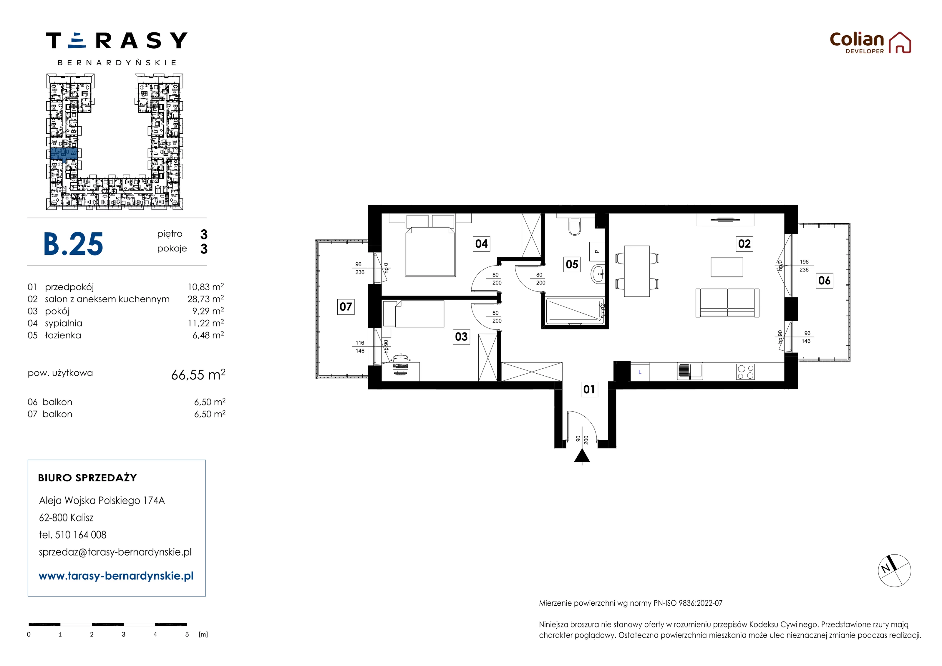 3 pokoje, mieszkanie 66,55 m², piętro 3, oferta nr B.25, Tarasy Bernardyńskie, Kalisz, Śródmieście, ul. Kazimierza Mystkowskiego